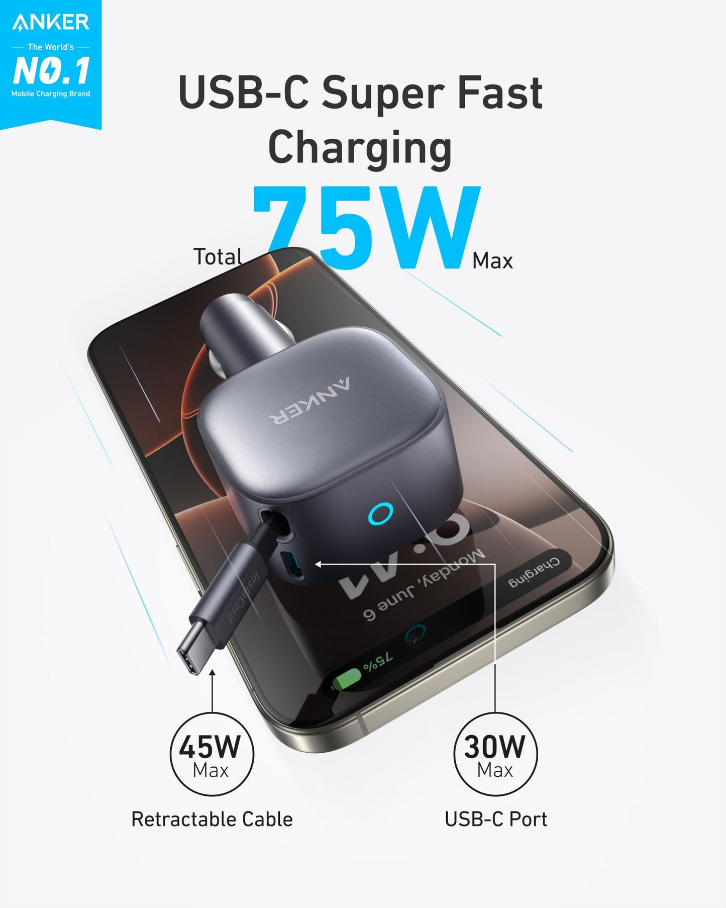 Anker USB-C Car Charger, 75W Max Ultra-Compact Type-C Fast Car Charger with Built-in USB-C Retractable Cable, Car Adapter for iPhone 16/15 Series, MacBook Pro/Air, iPad, Galaxy, AirPods, and More