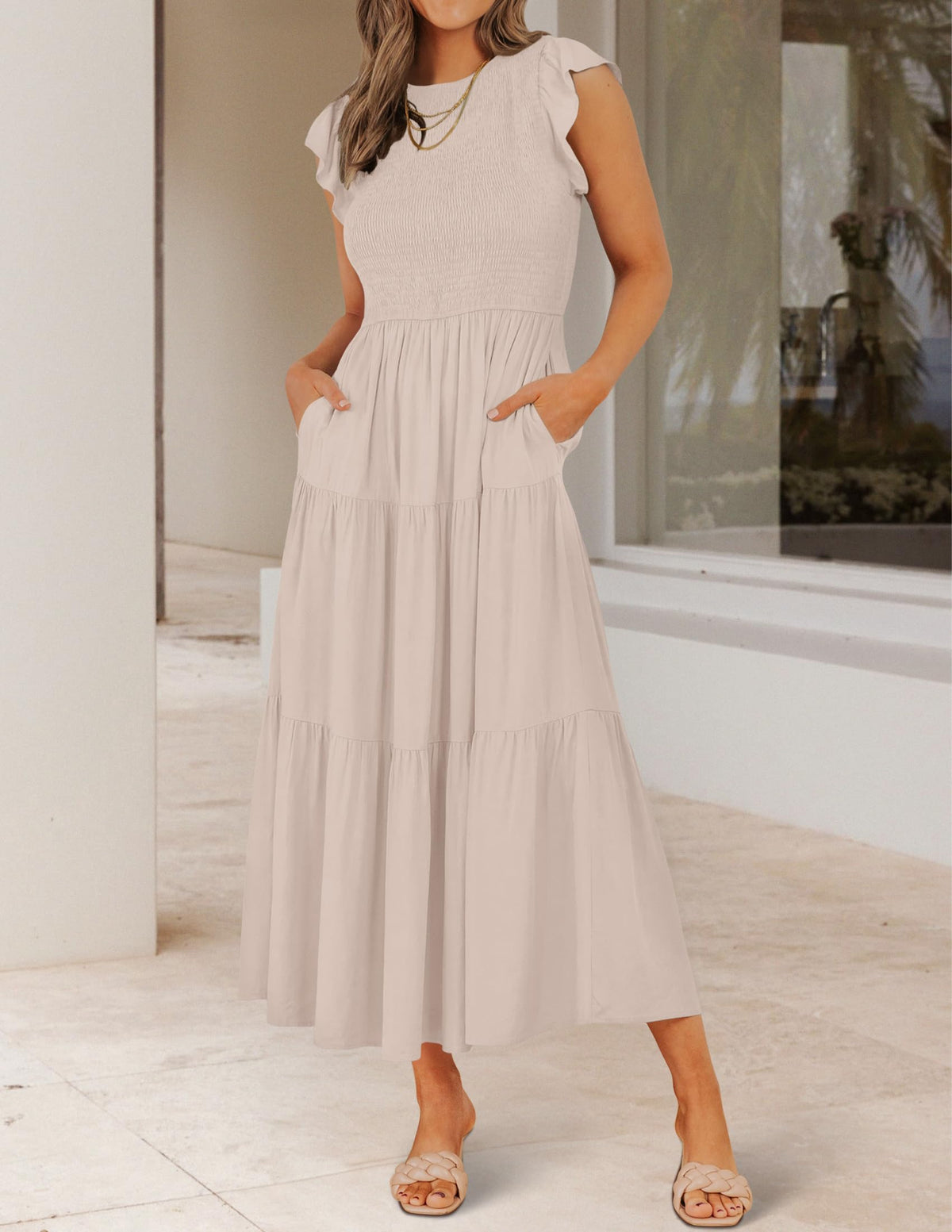 ZESICA Women's 2025 Summer Casual Flutter Short Sleeve Crew Neck Smocked Elastic Waist Tiered Midi Dress,Apricot,X-Small