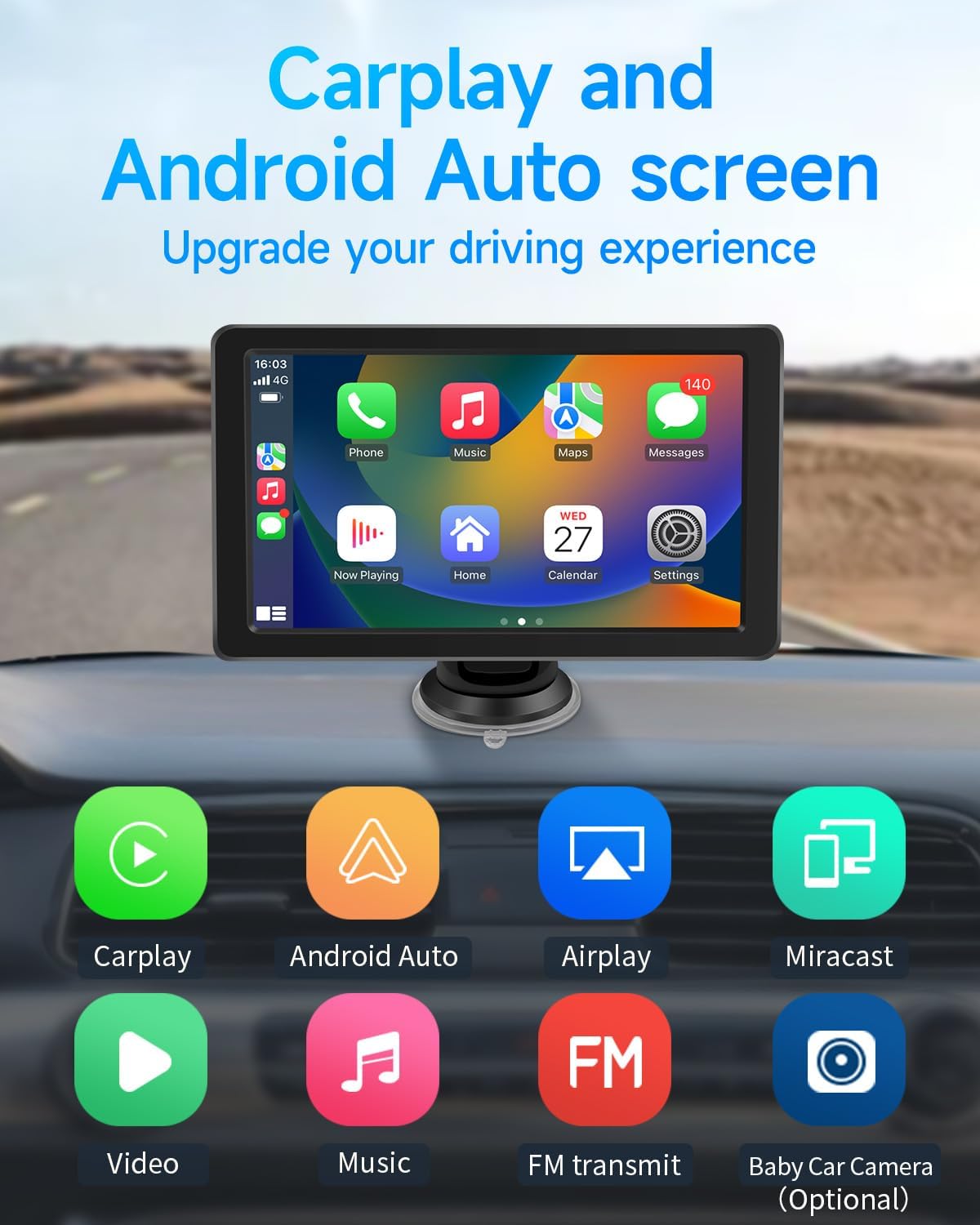 Portable Apple Carplay Screen for Car, 7" HD Car Stereo Touchscreen with Wireless CarPlay & Android Auto, Mirror Link, Bluetooth, Voice Control, Memory Card Playback, AUX - Fits All Vehicles