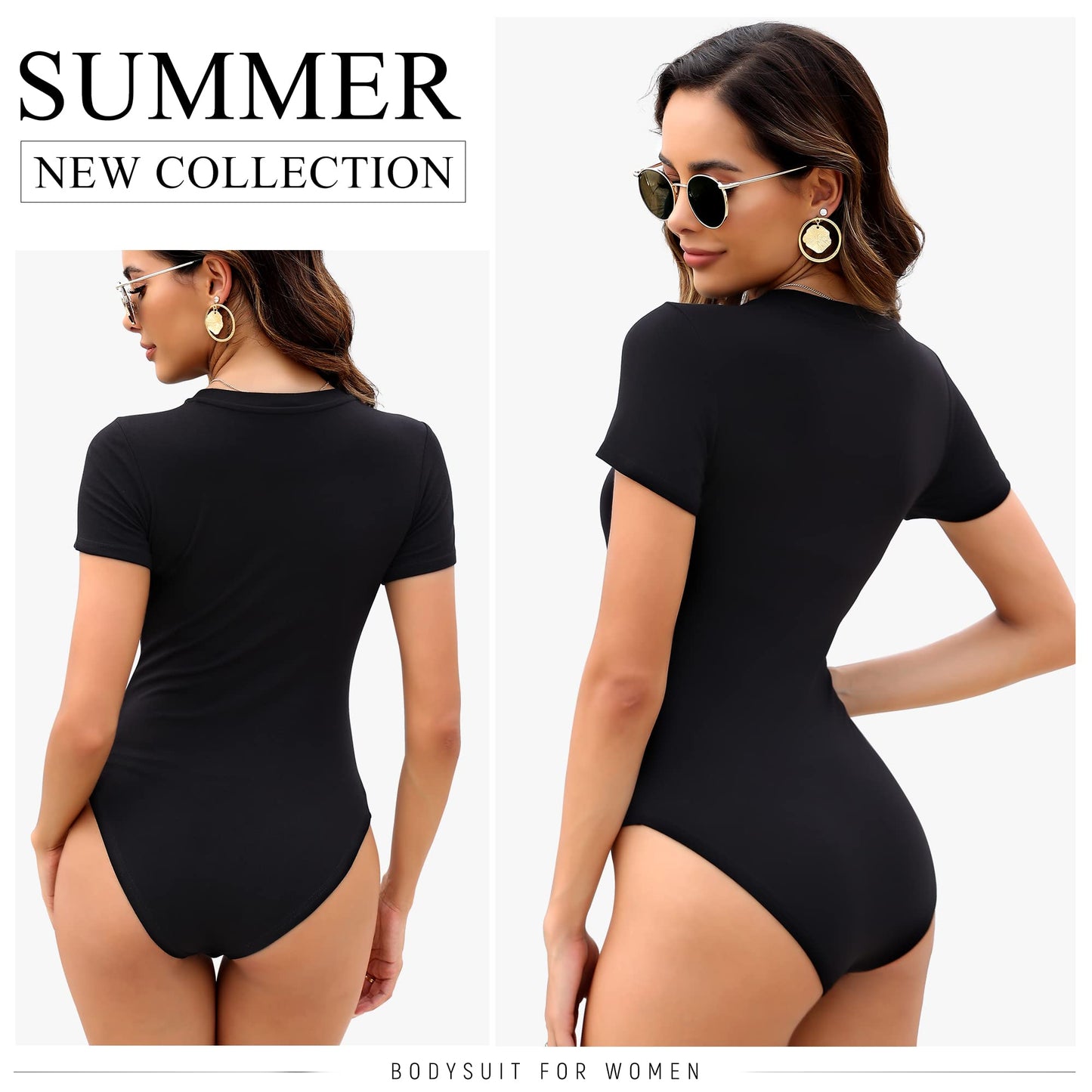 MLYENX 5 Pack Body Suits for Womens Short Sleeve Round Neck Casual Stretchy Basic T Shirt Bodysuit Tops M