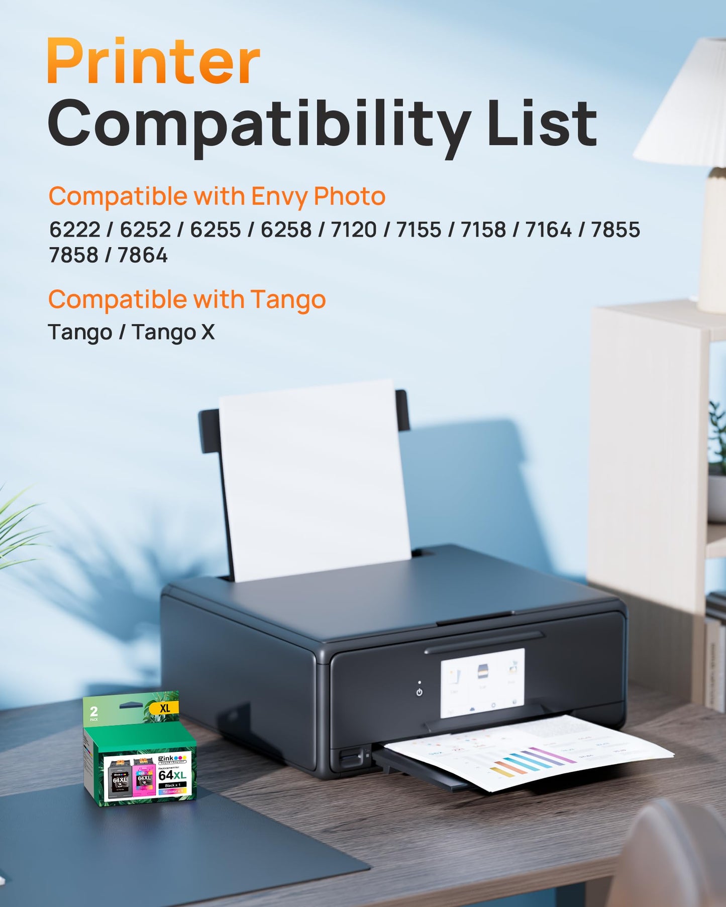 64XL Ink Cartridges Remanufactured for HP 64XL Ink Cartridge Combo Pack Replacement for HP 64 Ink to use with HP Envy Photo 7855 7858 7155 7120 7158 7164 6255 Tango X Printers (1 Black, 1 Tri-Color)