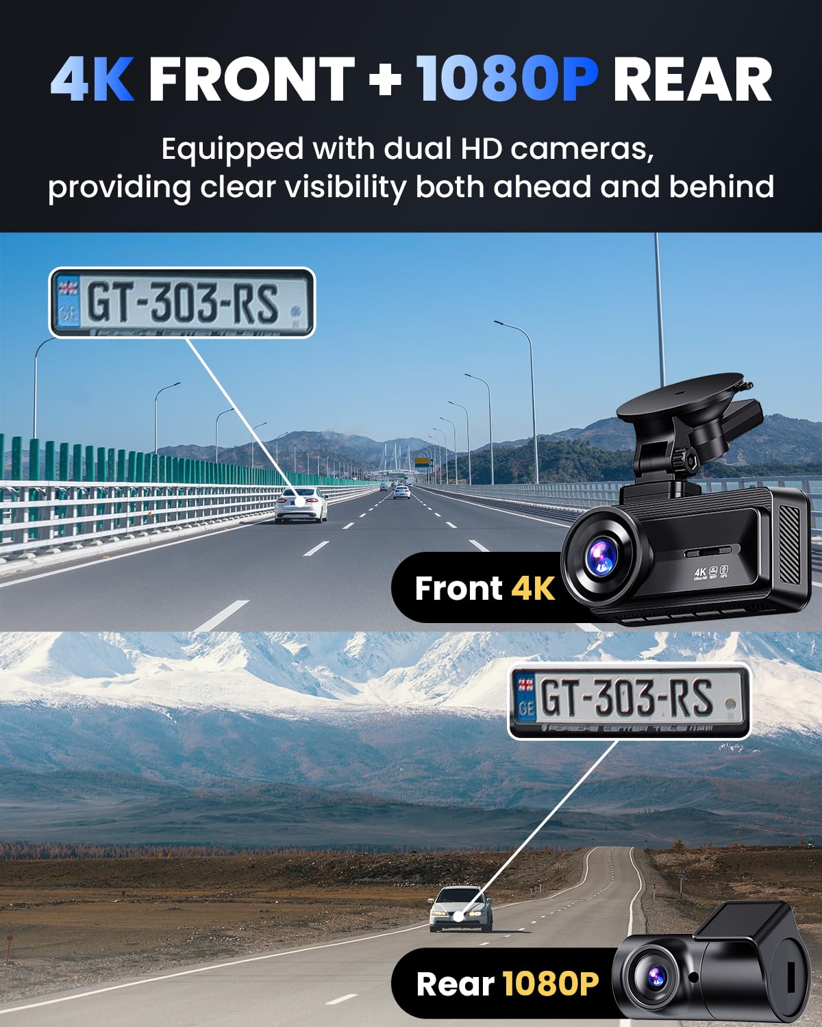 COOLCRAZY Dash Cam Front and Rear, 4K Full HD Dual Dash Camera for Cars Built-in 5G WiFi GPS, 64GB Card, Car Camera with 3" IPS Screen, UHD 2160P Night Vision, HDR, App Control, 24H Parking Monitor