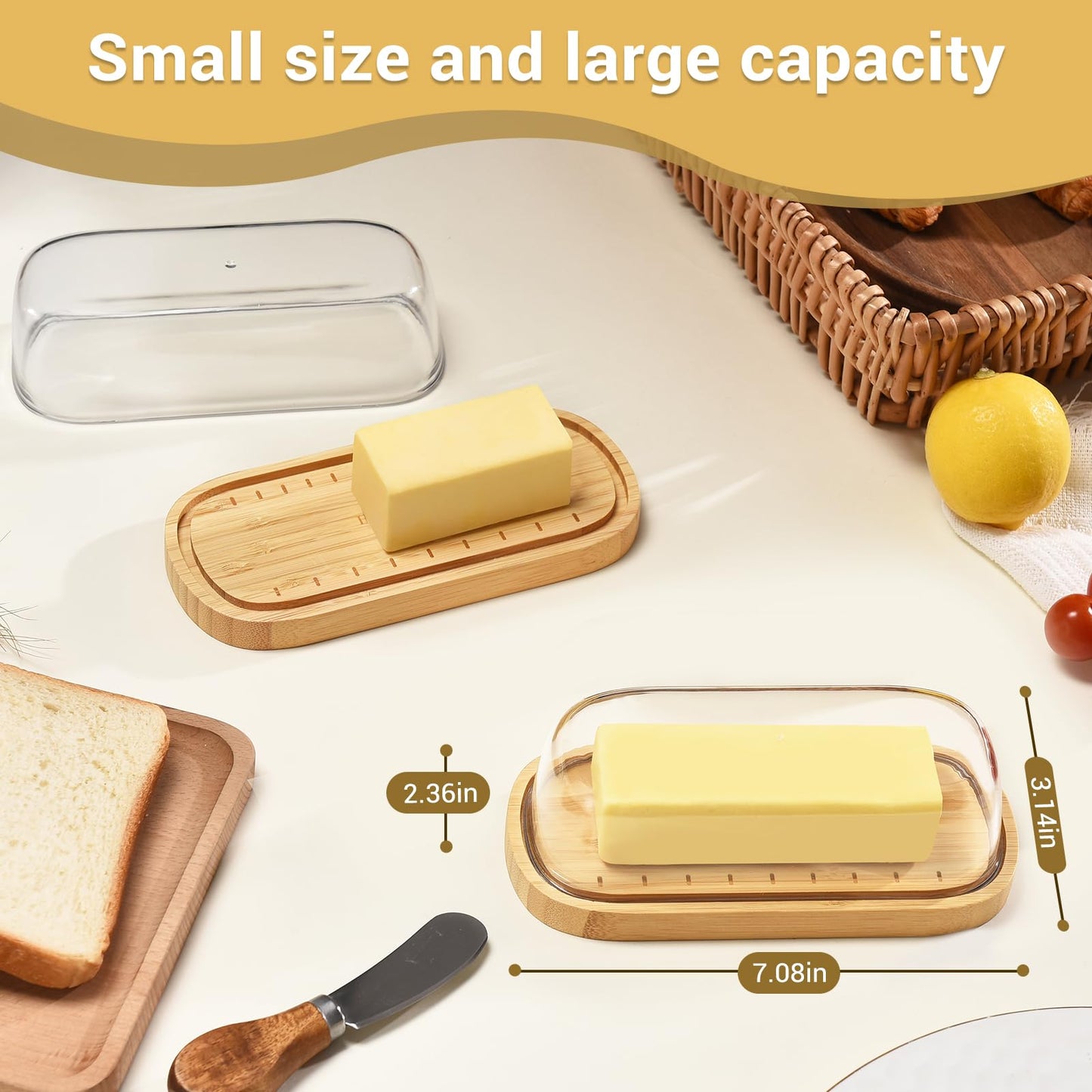 HEKEIEON Butter Dish with Lid, Bamboo Butter Holder, Butter Container Holds for East/West Coast Butter, Dishwasher Safe