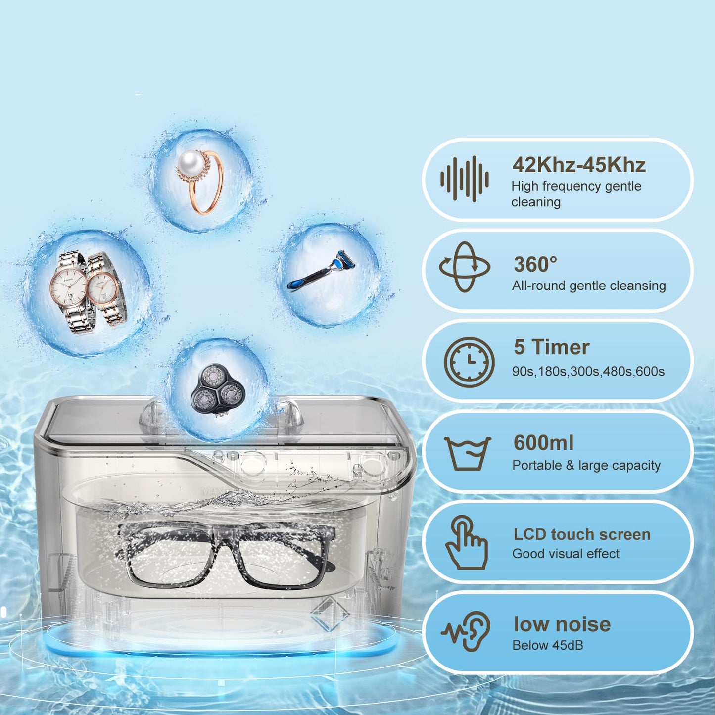 LifeBasis Jewelry Cleaner, Professional Ultrasonic Cleaning Machine 20 Ounces (600ML) Sonic Cleaner with Digital Timer, Watch Holder Glasses Cleaner for Ring, Coin, Watch, Gold Cleaning - Silver