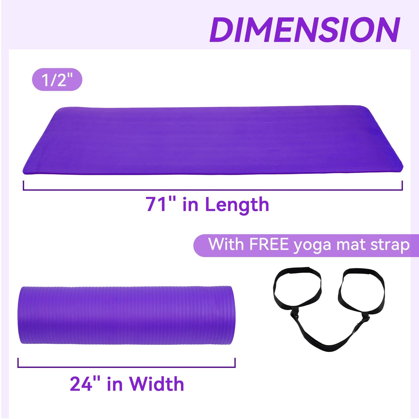 Fitvids All Purpose 1/2-Inch Extra Thick High Density Anti-Tear Exercise Yoga Mat with Carrying Strap, Purple