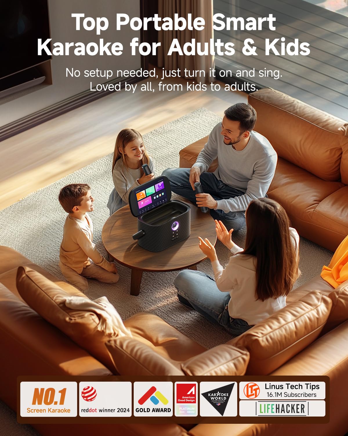 Ikarao Portable Karaoke Machine for Adults, Built-in Lyrics Display and Screen, 2 Self-Charging Wireless Microphones, Karaoke App, 140W Speaker, Connects to TV for Home Party Birthday Outdoor Camping
