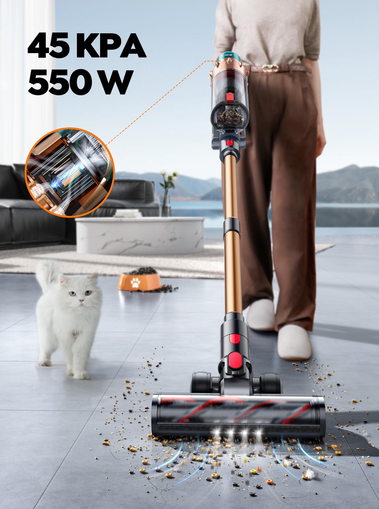 Cordless Vacuum Cleaner, 550W 45KPA 60 Mins Runtime Self-Standing Vacuum Cleaners for Home, Stick Vacuum with Charging Dock Station Removable Battery, Handheld Vacuum for Pet Hair/Carpet/Floor