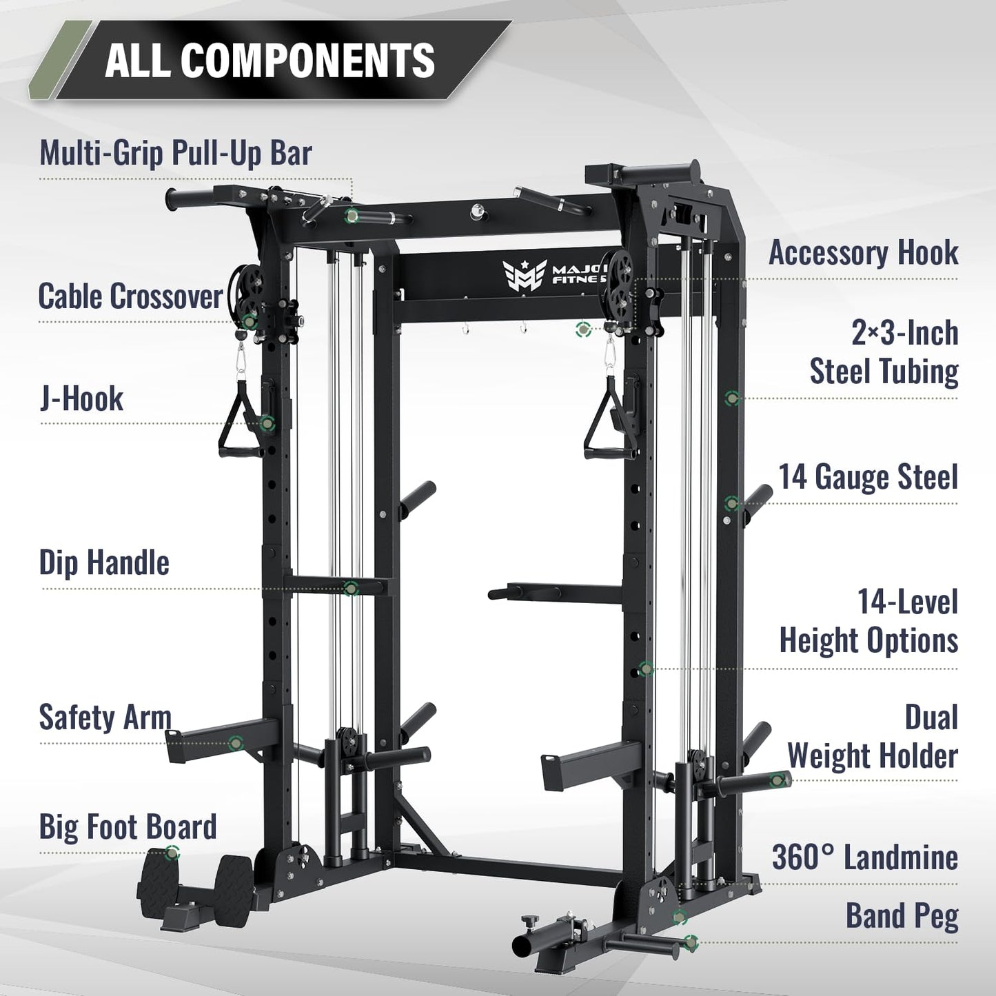 MAJOR FITNESS F22 Multi-Functional Power Rack—1600lbs Capacity All-in-One Squat Rack with Dual Pulley System for Home Gym Strength Training