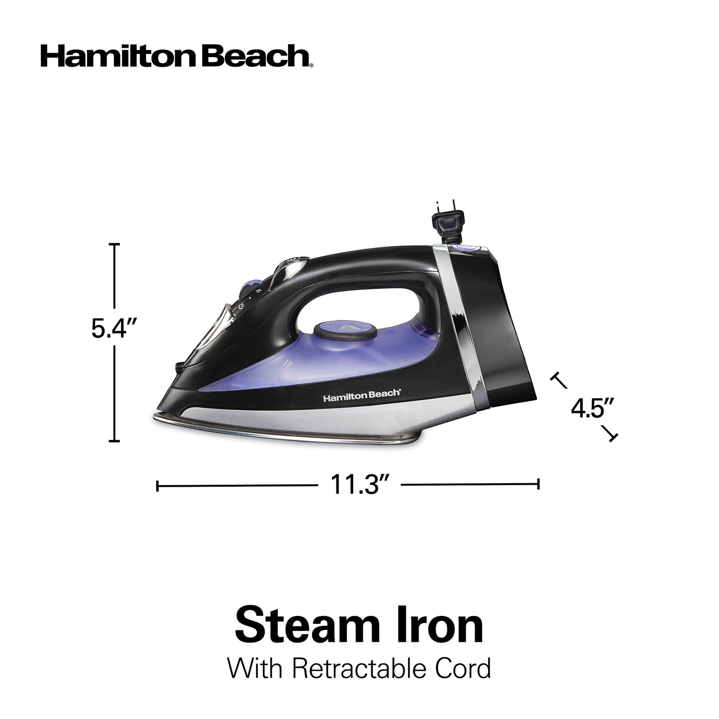 Hamilton Beach Steam Iron for Clothes & Garment Steamer with Smooth Press Stainless Steel Soleplate, 1200 Watts, 8’ Retractable Cord, Black (14214)