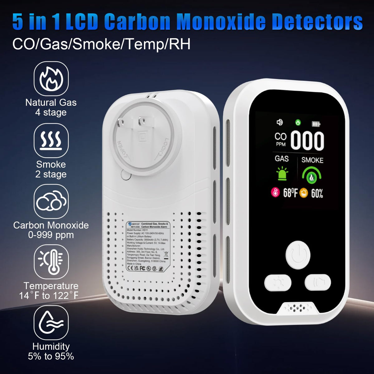 IQYEF 5-in-1 Carbon Monoxide Detectors,Natural Gas Leak Detector & Smoke and Carbon Monoxide detectors Plug-in, Battery Backup, HD Digital Display for CO, Smoke, Gas, Temp, Humidity - Home & RV Use