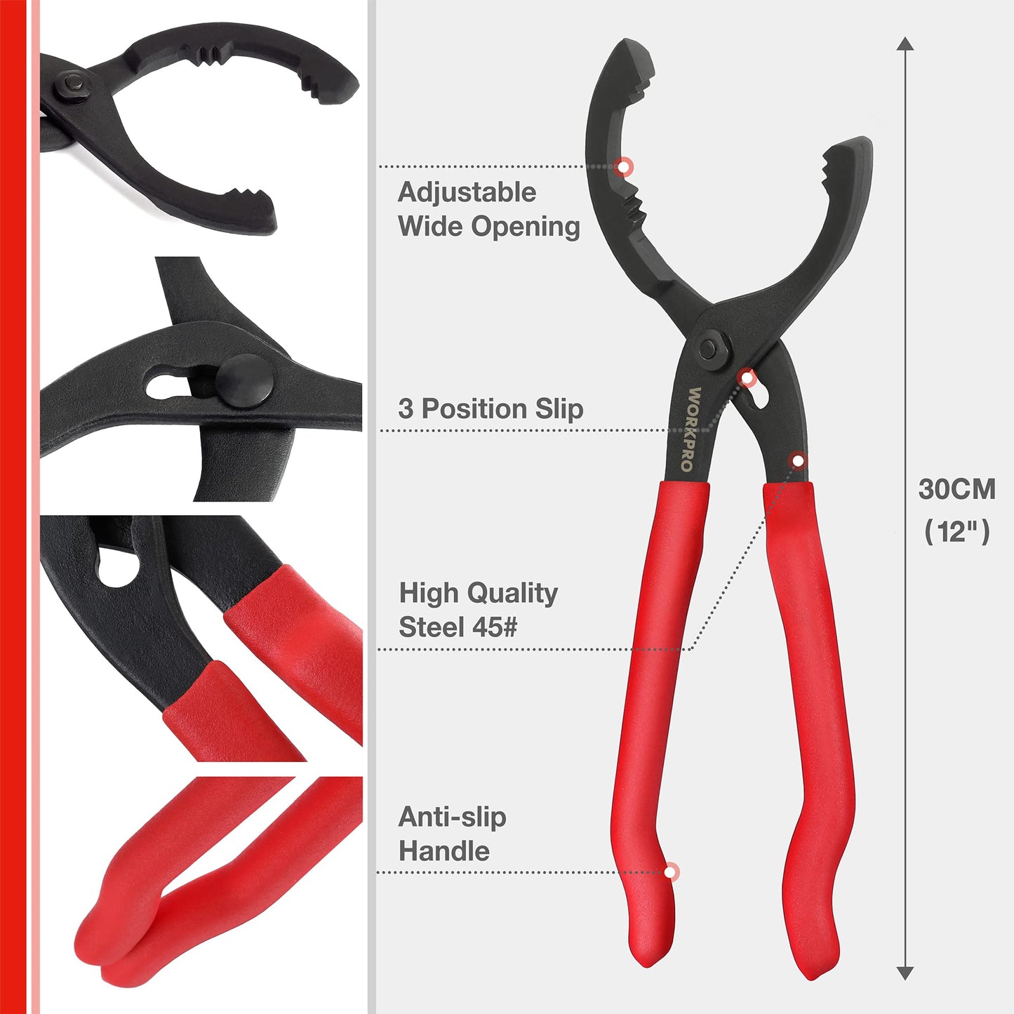 WORKPRO 12" Adjustable Oil Filter Pliers, Wrench Adjustable Oil Filter Removal Tool, Ideal For Engine Filters, Conduit, & Fittings, W114083A