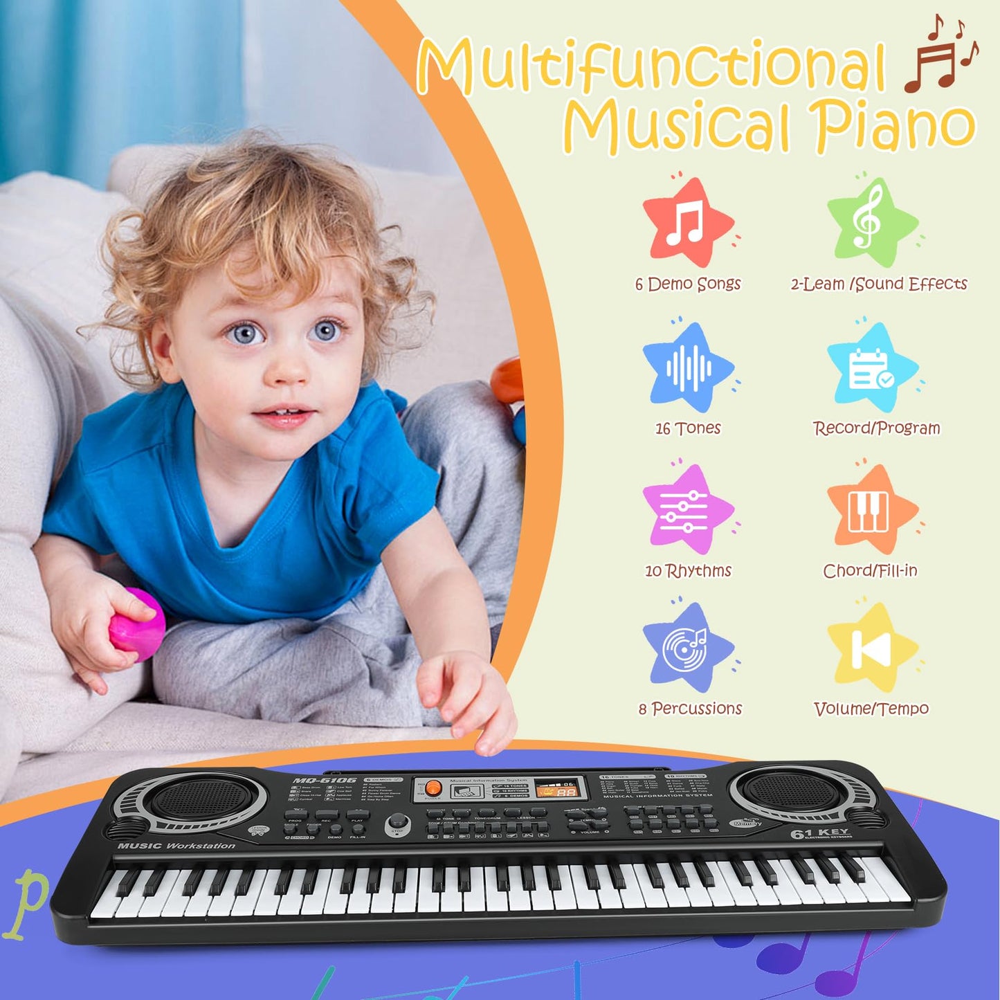 61 Key Piano Keyboard, Beginner Electronic Keyboard for Kids with Teaching Mode, 6 Demo Songs, 16 Tones, Microphone and Power Supply, Kids Piano Keyboard for Birthday Gift