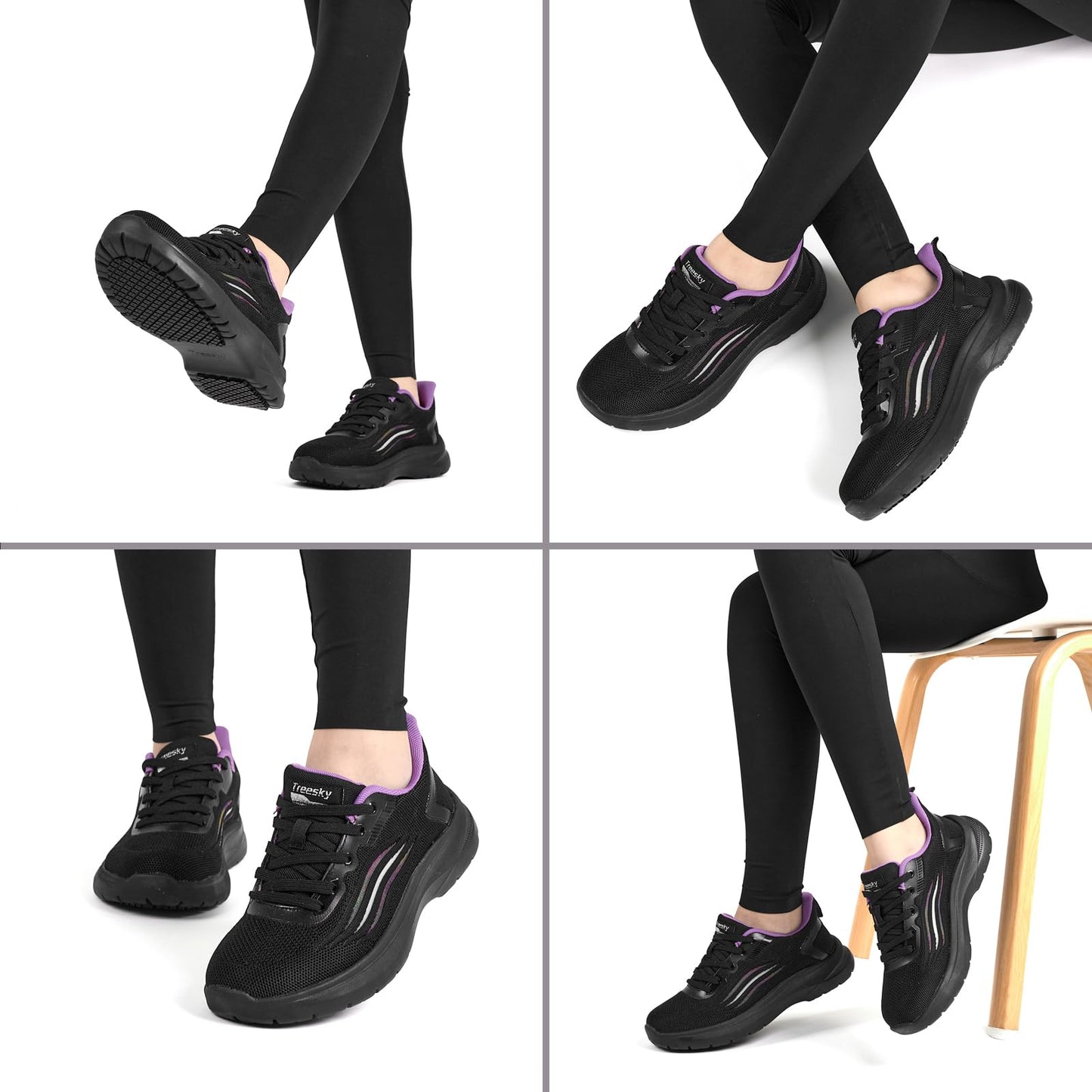 Treesky Non Slip Work Shoes for Women in Food Service - Slip Resistant, Comfortable & Lightweight Sneakers, Suitable for Restaurant, Kitchen & Nursing Crews (Black & Purple, Size 7)