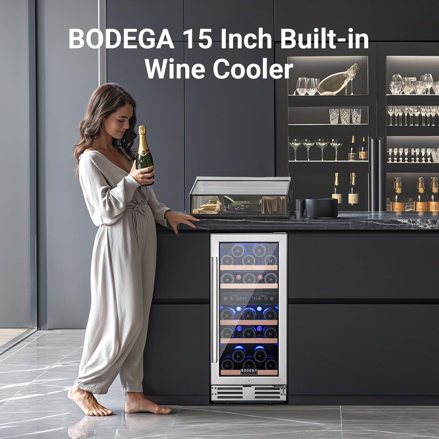 BODEGA 15 Inch Wine Cooler, Dual Zone Wine Fridge with Double-Layer Glass Door, wine cooler refrigerator with Digital Temperature Control and Temperature Memory, 30 Bottles wine cooler for home.