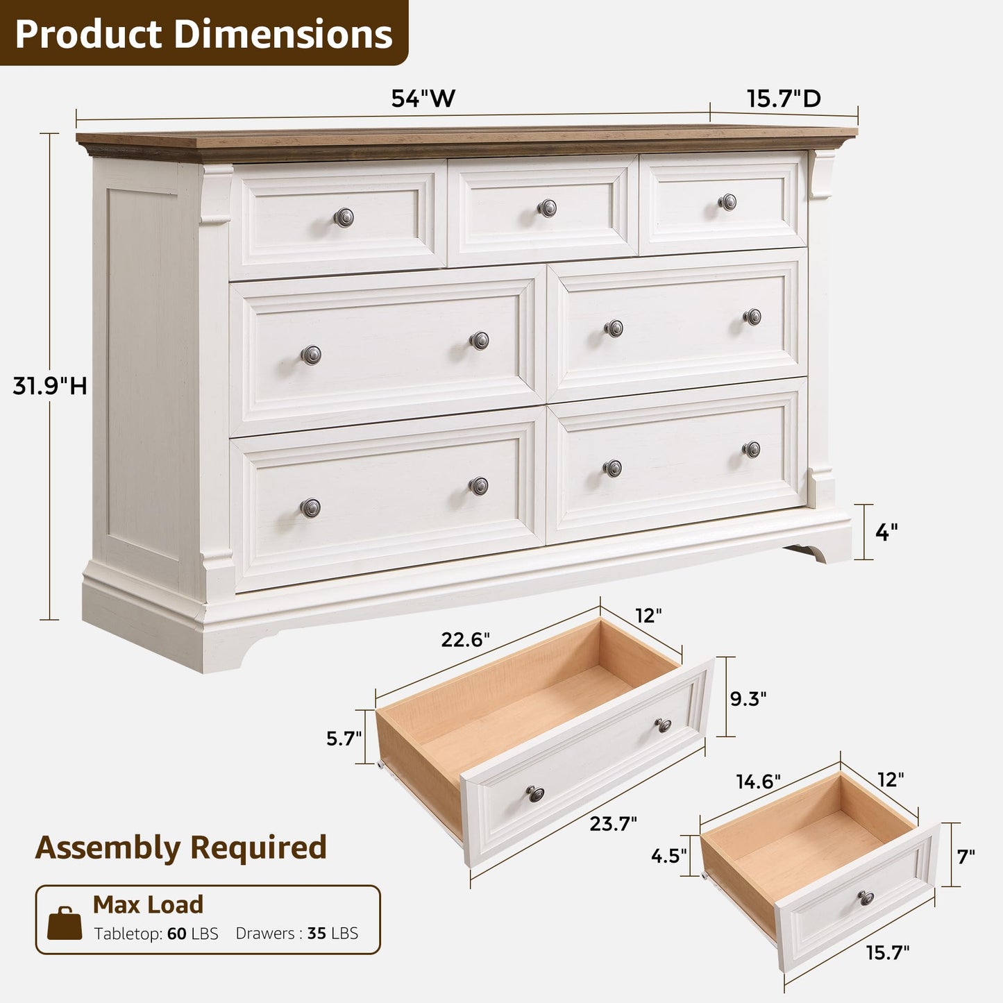 T4TREAM Farmhouse 7 Drawers Dresser for Bedroom, 54" Wide Wood Rustic Chest of Drawers w/Roman Column, Wooden Storage Dressers Organizer for Bedroom, Living Room, Closet, Antique White