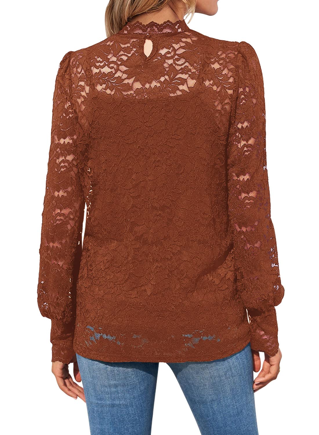 DOROSE Womens Tops Dressy Casual Fall Lace Long Sleeve Blouses Shirts Coffee S