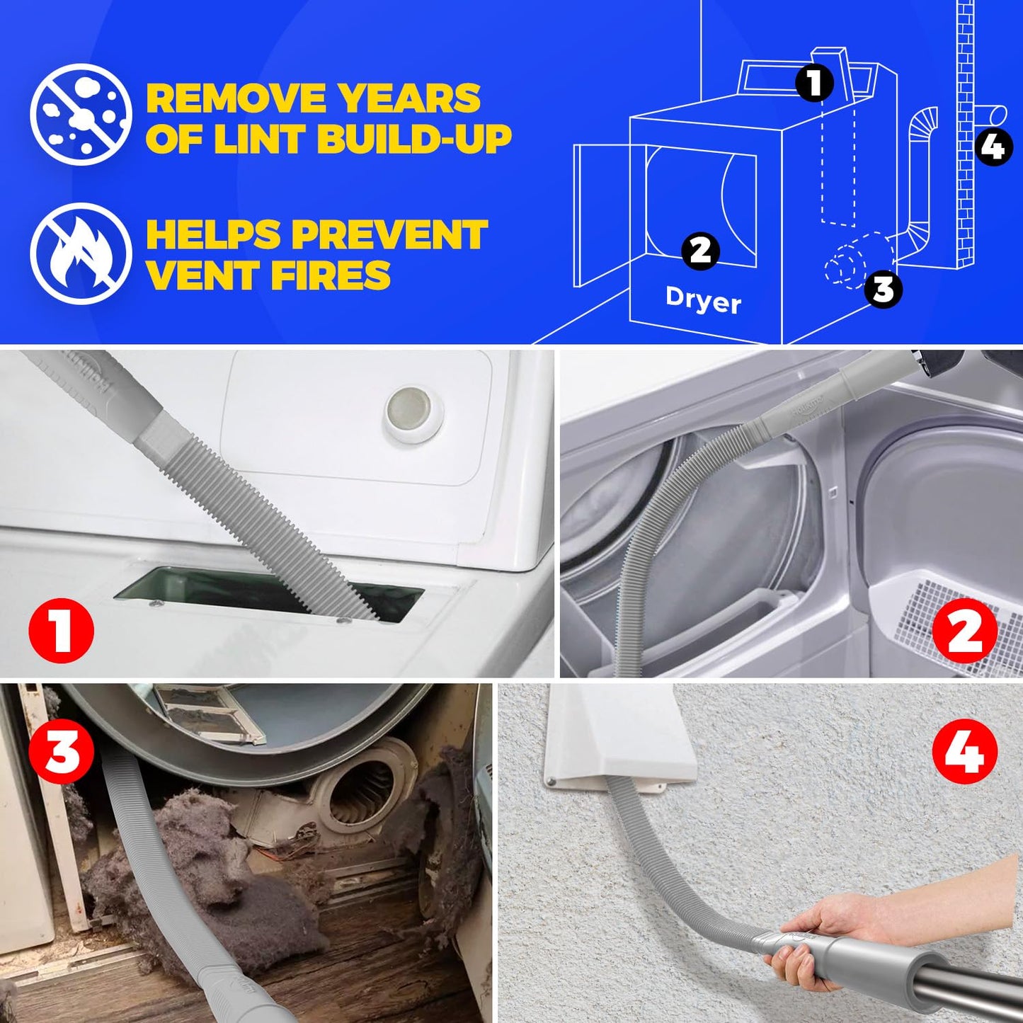 Holikme 2 Pieces Dryer Vent Cleaner Kit, Dryer Lint Vacuum Attachment and Flexible Dryer Lint Brush, Vacuum Hose Attachment, Grey
