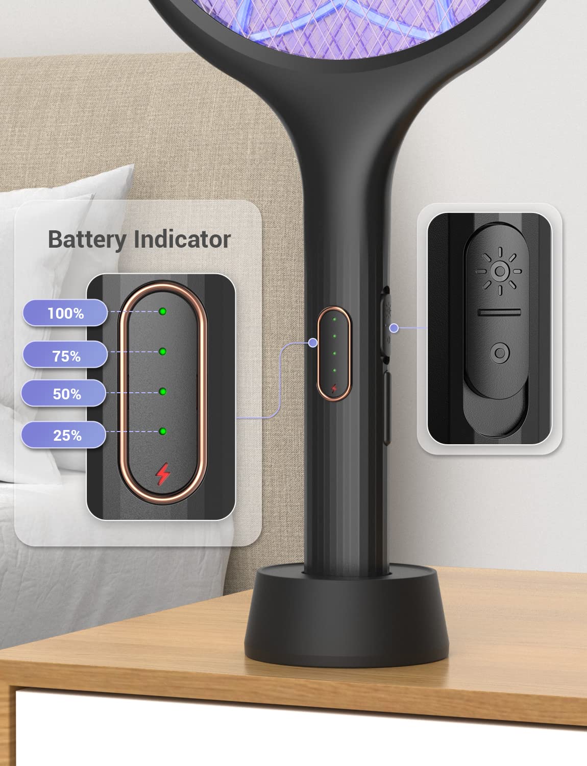 YISSVIC Electric Fly Swatter 4000V Bug Zapper Racket Dual Modes Mosquito Killer with Purple Mosquito Light Rechargeable for Indoor Home Office Backyard Patio Camping (Black-1 Pack)