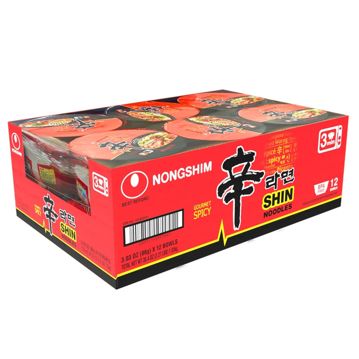 Nongshim Gourmet Spicy Shin Noodle Soup Bowl, 12 Pack, Microwaveable Ramyun Soup Noodles, No MSG Added