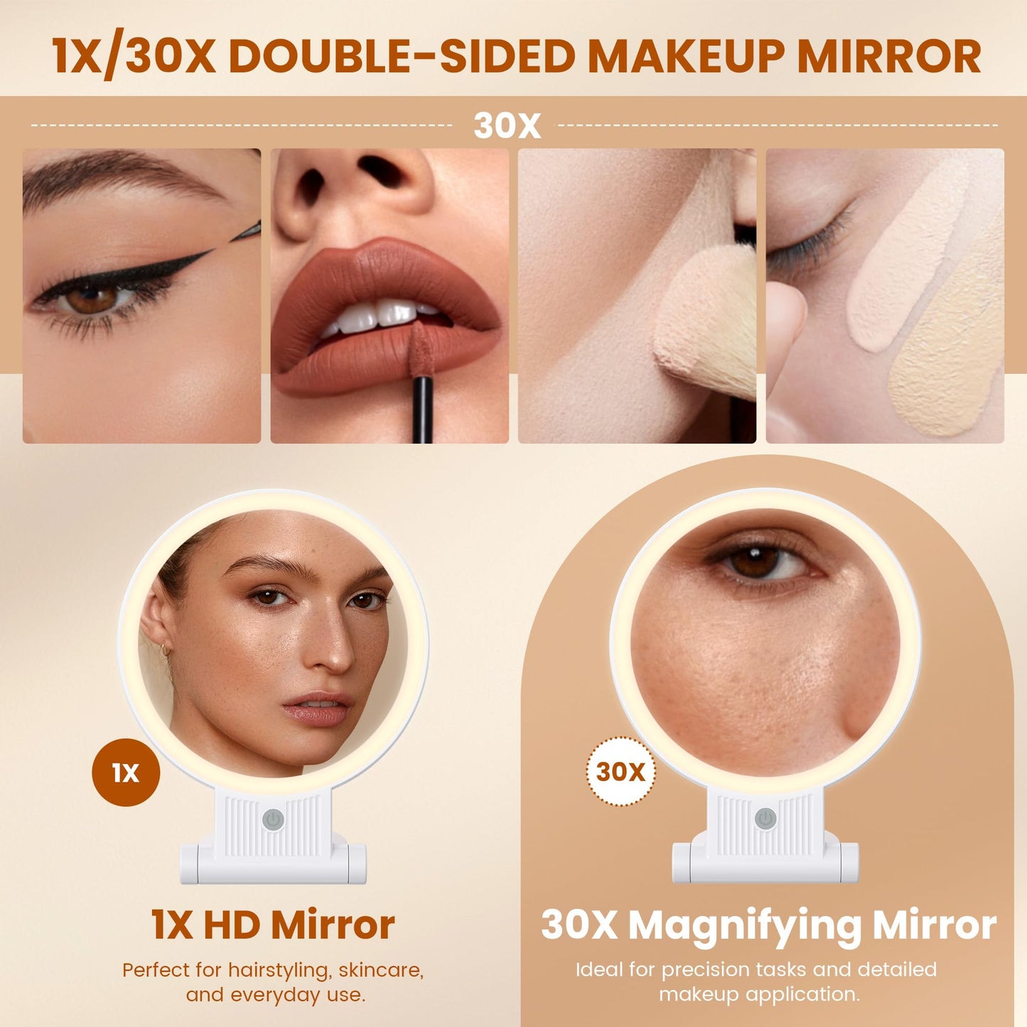 tubbede 1X/30X Lighted Makeup Mirror with Magnification, Double-Sided Switch, 3-Color Lights, 2000mAh Rechargeable, Adjustable Brightness for Vanity Table or Bathroom (Grey)