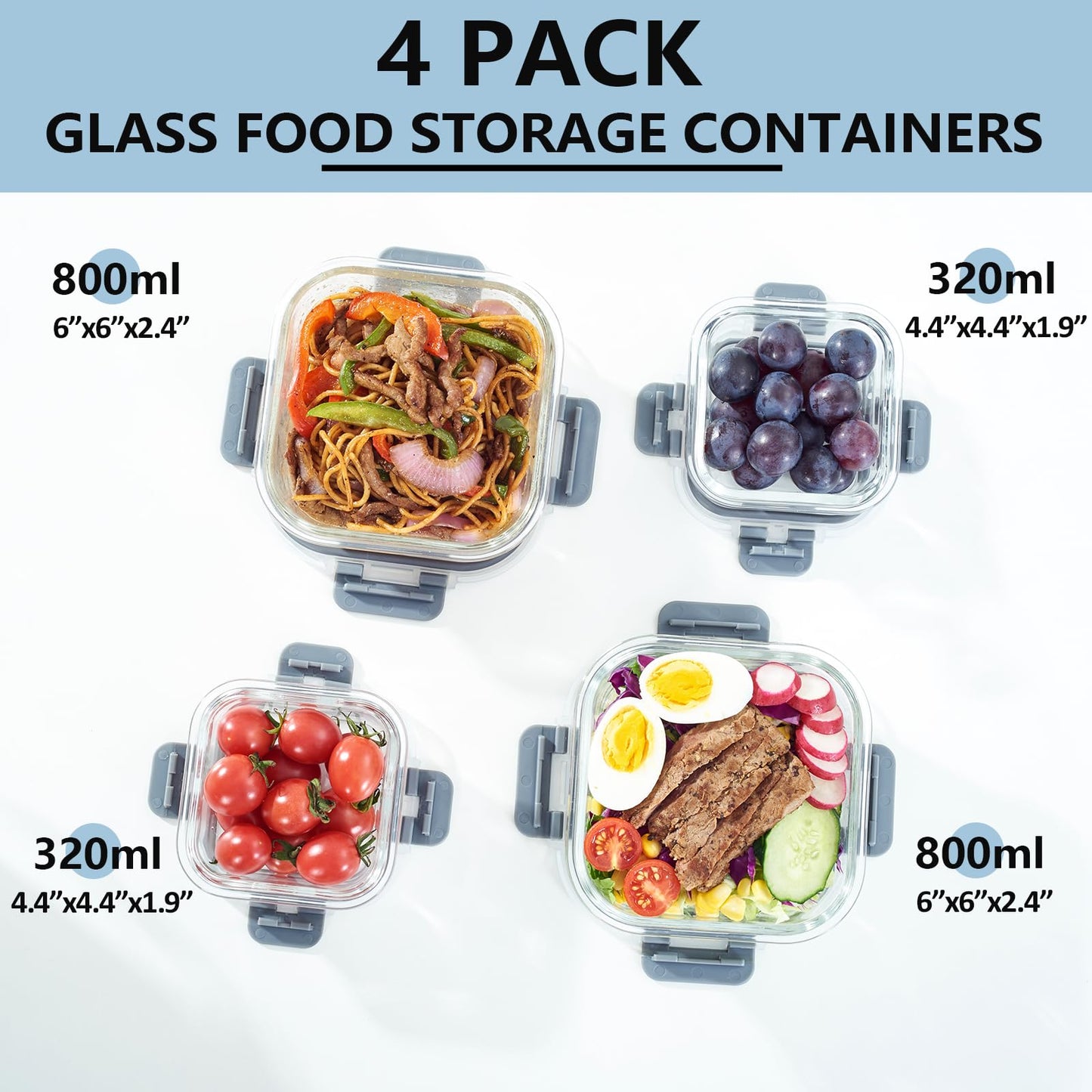 ROSOS Glass Food Storage Containers with Lids Upgraded Airtight, 4 Pack Glass Storage Containers with Lids, Not Easy Broken & Leak Proof, Glass Containers with Lids for Oven/Dishwasher Safe, Grey
