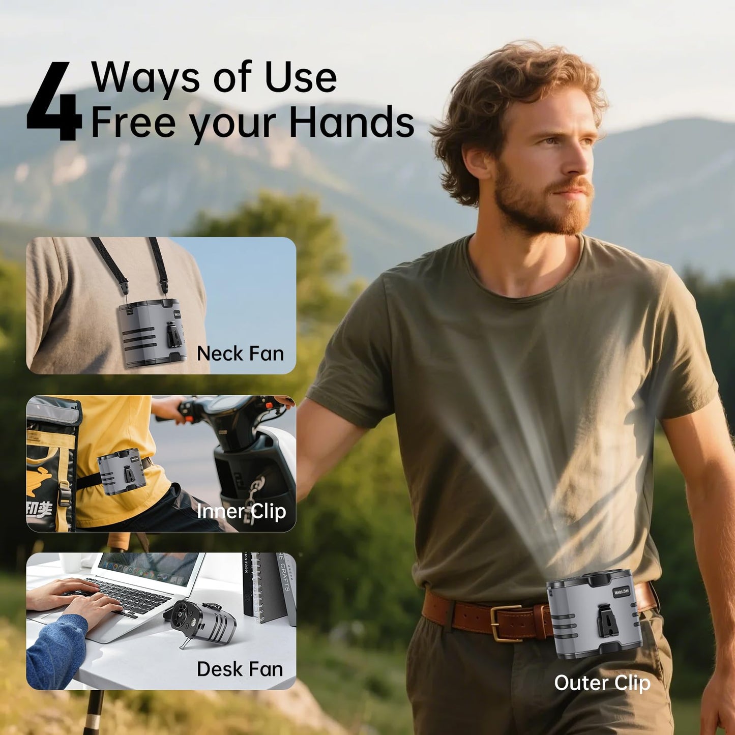 Portable Waist Fan, Belt Fans Rechargeable, 10 Speed Cooling Personal Clip Fan 10000mAh Battery Necklace Shirt Fans 13500 RPM, 40H Work Time, SOS Light for Outdoor Camping Gardening