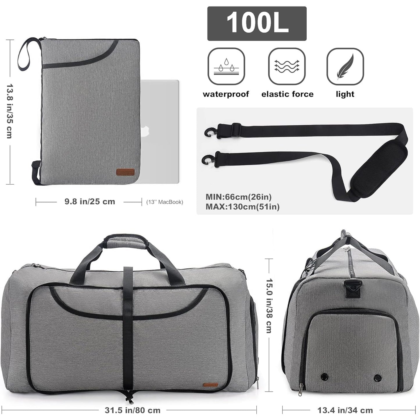 100L Duffle Bag for Travel, Large Foldable Waterproof Travel Duffel Bags Weekender Overnight Bag for Men and Women with Shoe Compartment