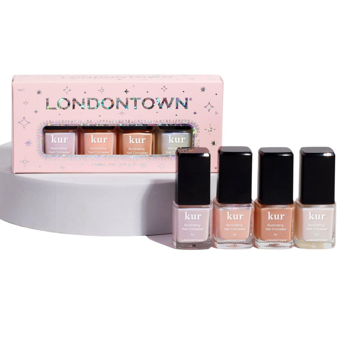 LONDONTOWN Illuminating Essentials Nail Concealer, Milky Sheer Mini Set Polish - Long Lasting Brightening Lacquer Nail Care for Discolored, Yellowing Nails, .24fl oz