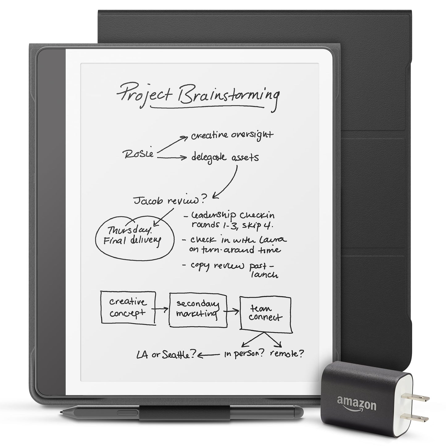 New Amazon Kindle Scribe Essentials Bundle including New Kindle Scribe (64GB) - Tungsten, Premium Pen, Plant-Based Leather Folio-Black, and Power Adapter