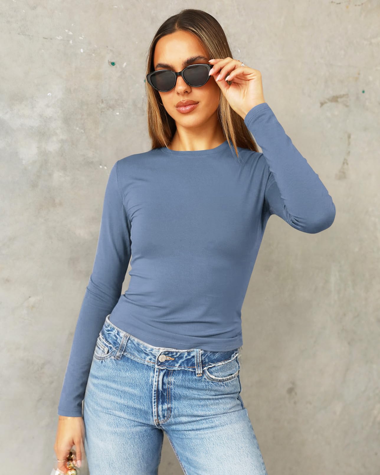 Abardsion Women's Long Sleeve Shirts Spring 2026 Casual Basic Going Out Crop Tops Slim Fit Tight Y2K Clothes(Haze Blue, S)