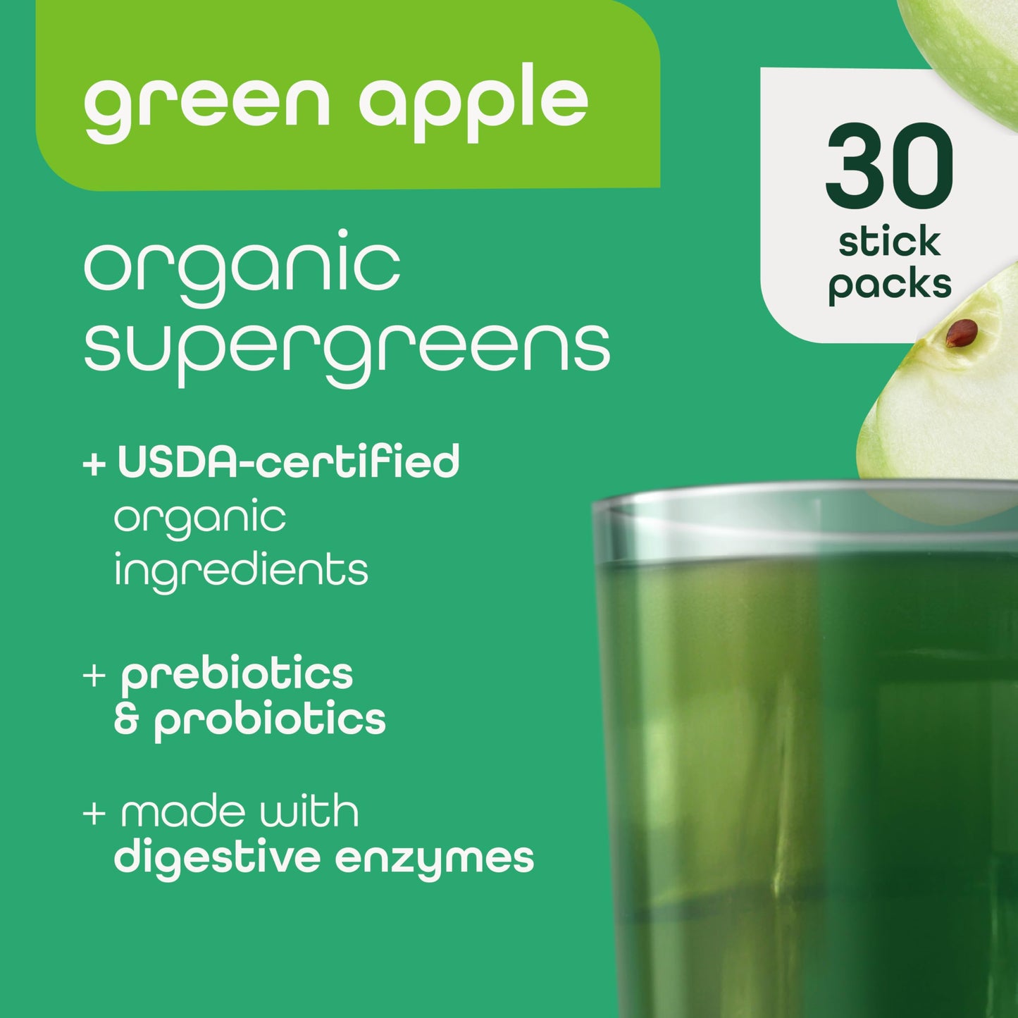 Zena Nutrition Organic Super Greens Powder, 70+ Superfoods, 0 Sugar, 3G Fiber, Spirulina, Chlorella, Antioxidants, Prebiotics/Probiotics, Digestive Enzymes, Green Apple, 30 Drink Mix Packets