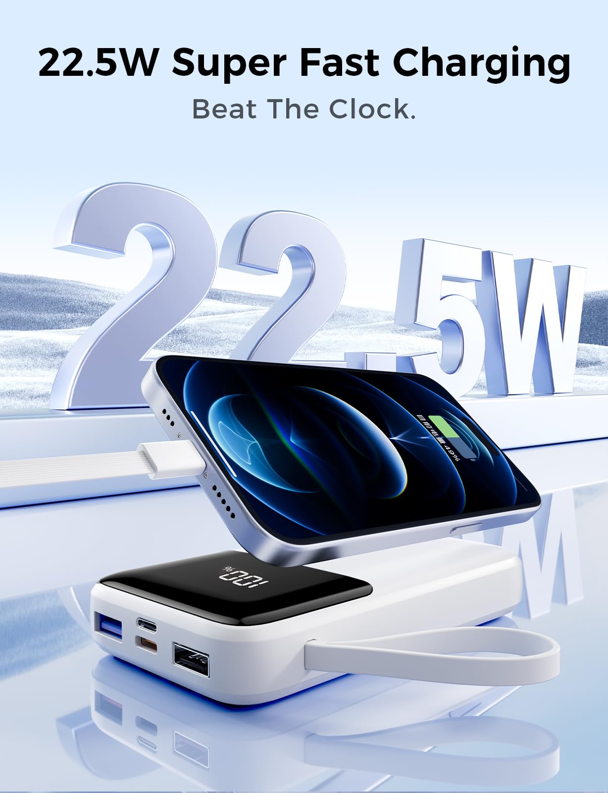 HELLEE Portable Charger with Built in Cable, 15000mAh Power Bank, 22.5W Fast Charging, 6 Outputs, Slim Travel Essential Battery Pack with LED Display, Compatible with iPhone 16/15/14/13, iPad