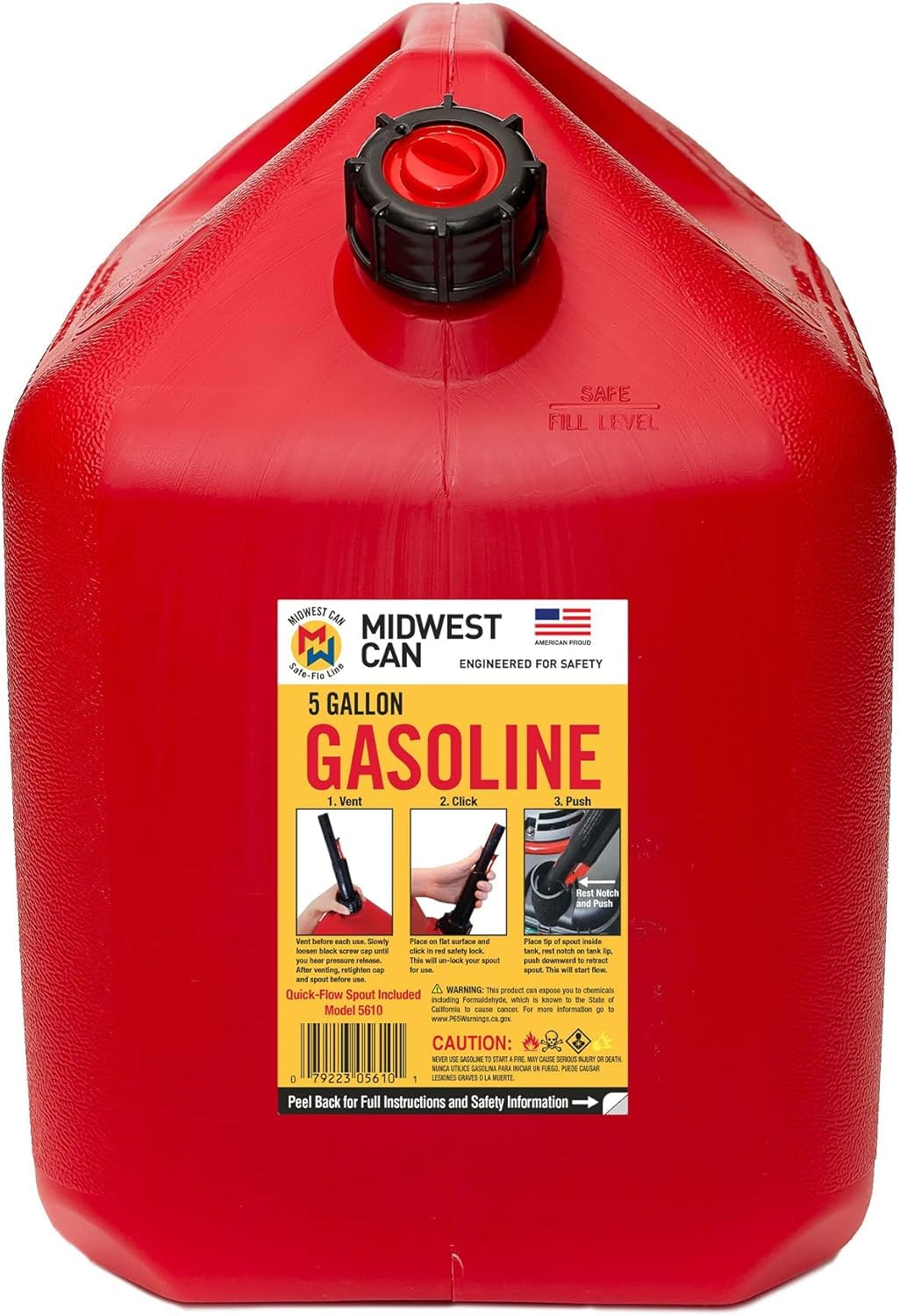 Midwest Can 5610 Safe-Flo Auto Shut Off 5 Gallon Gas Can – Durable Fuel Containers with FlameShield Safety System & Quick-Flow Spout - Red - 4 Pack