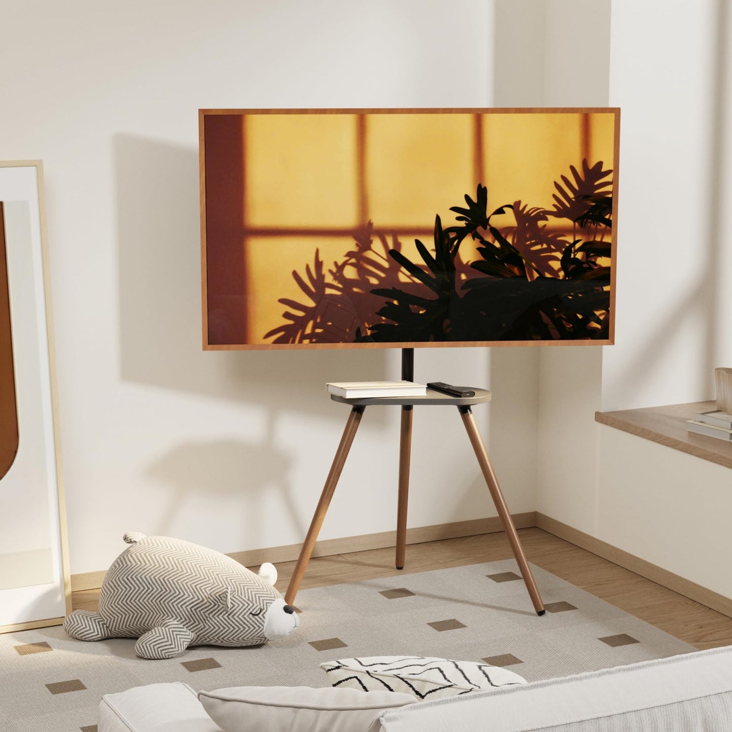 ECOTINY Tripod Easel TV Stand for 43 to 65 Inch LCD LED OLED Screen, Height Adjustable and Swievel TV Stand, Portable Corner TV Floor Stand with Wooden Tray, VESA 400x400mm, Minimalist Black Walnut