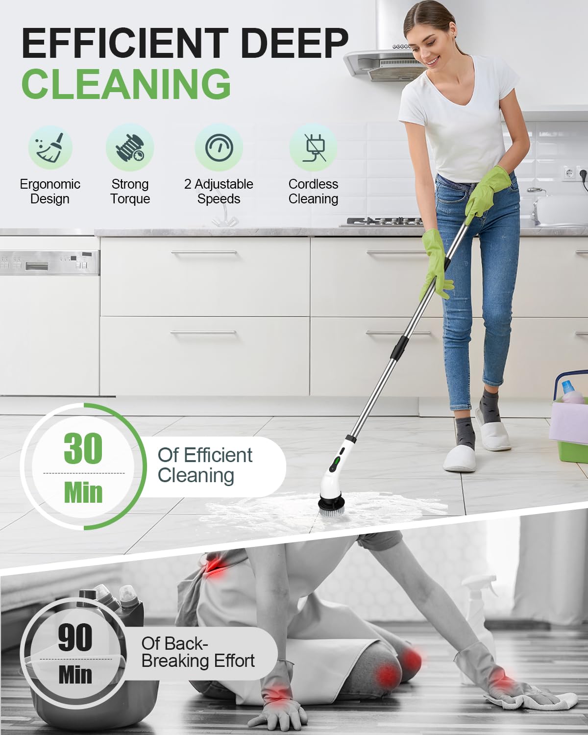 Electric Spin Scrubber, Cordless Bathroom Shower Cleaner, Cleaning Brush with 9 Brush Heads 2H Power Dual Speed, Adjustable Extension Handle, IPX7 Waterproof for Tub Tile Floor Car, CA3-White