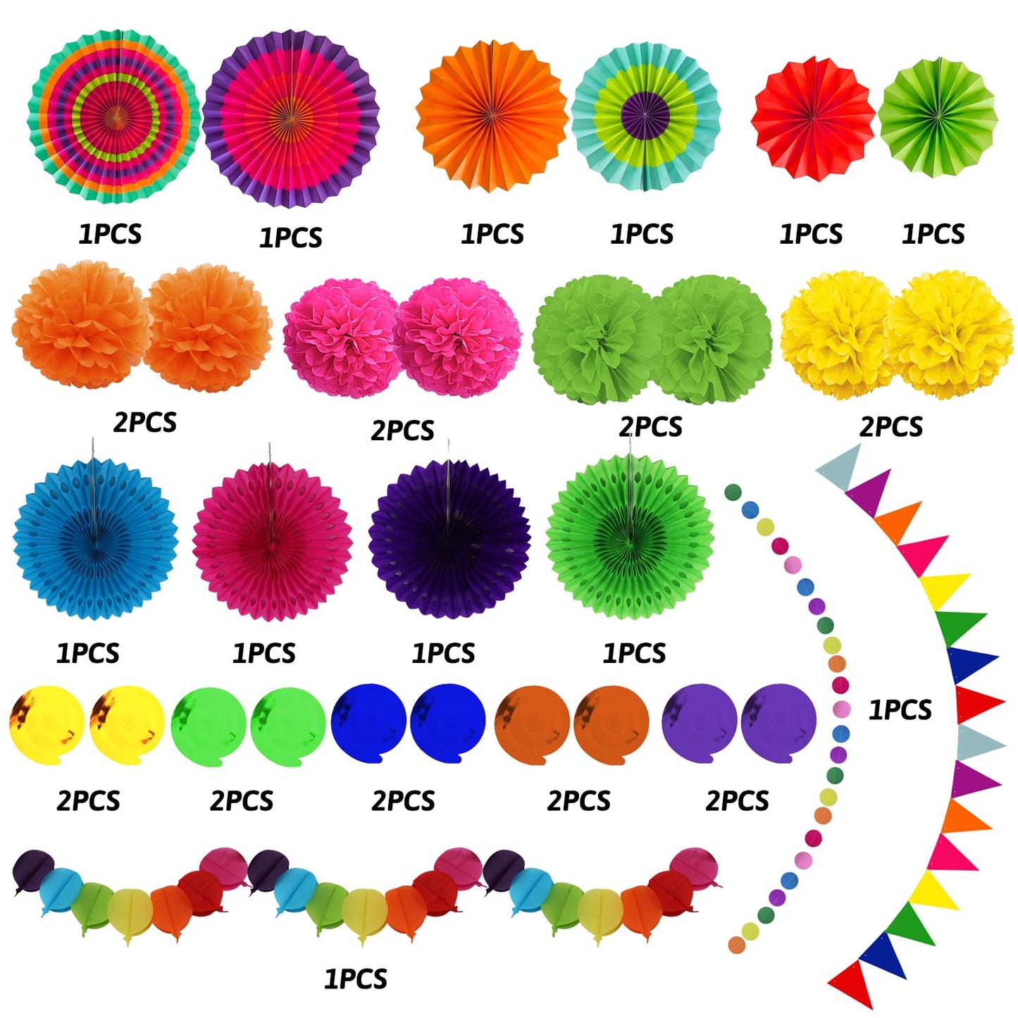 Recosis Fiesta Party Decorations, Multicoloured Paper Fans Pompoms Paper Balloon Garlands Hanging Swirls Decorations for Fiesta Gifts Mexican Cinco De Mayo Taco Birthday Party Supplies