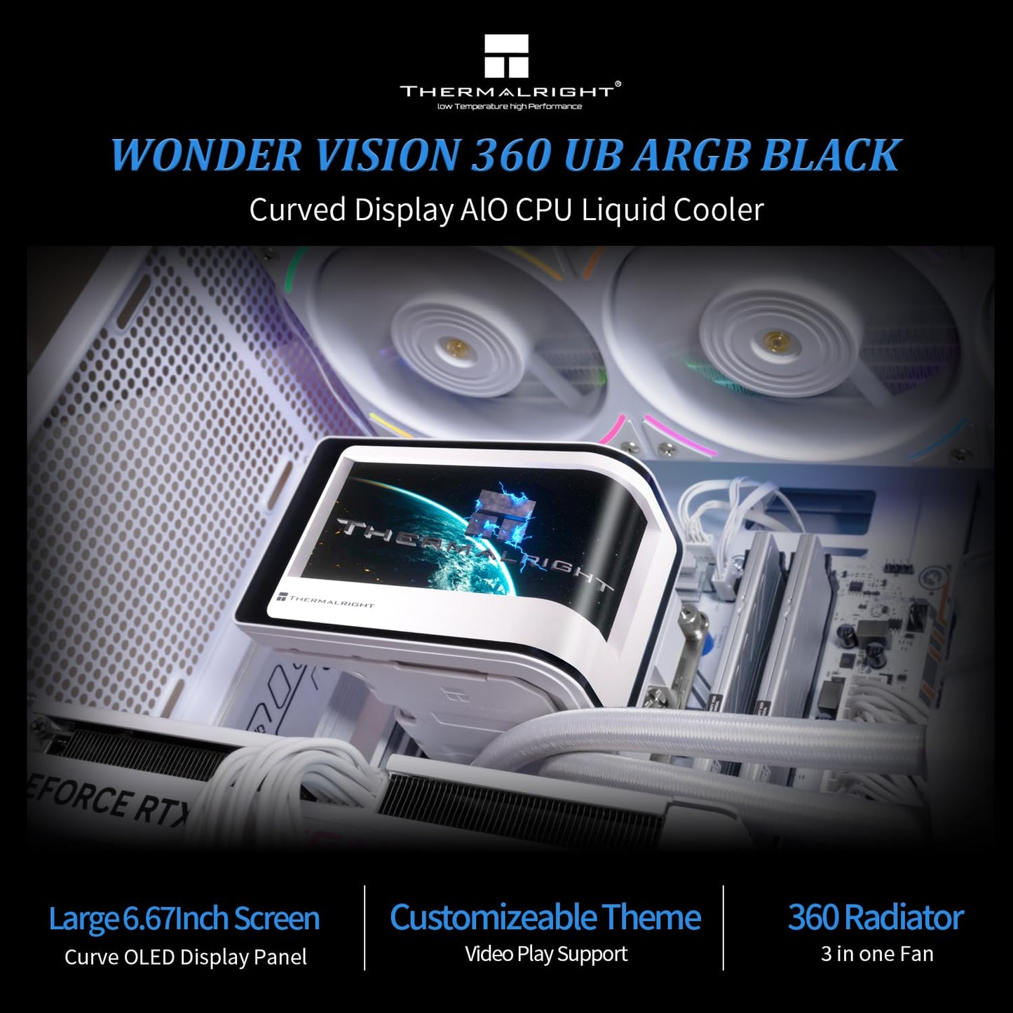 Thermalright Wonder Vision 360 UB ARGB CPU AIO Cooler,360mm Radiator, 2K 60HZ Curved Screen with 2400x1080 Resolution,for AM4/AM5,Intel LGA1851/1700,6.67in 3D Screen High Performance Pump