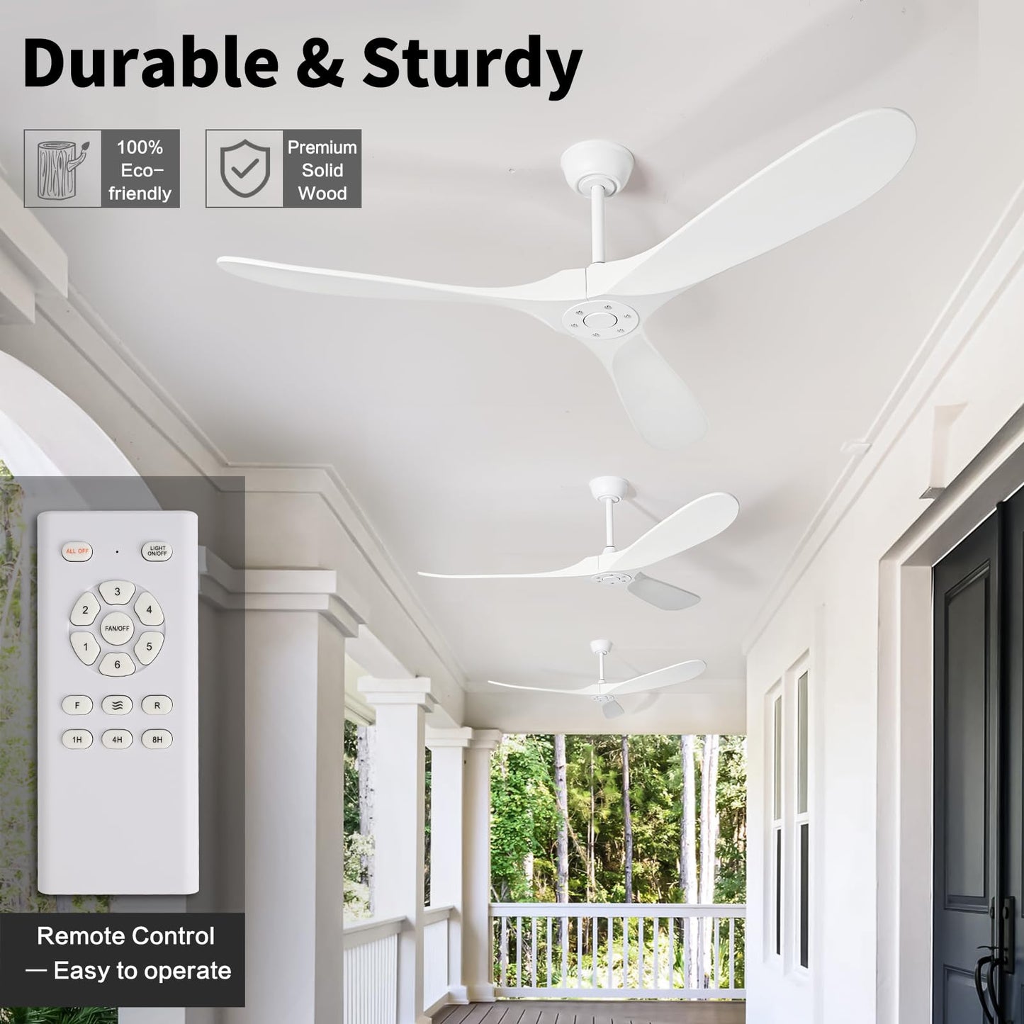 Zronon 72 Inch White Ceiling Fan No Light, Wood Outdoor Ceiling Fans without Lights for Patios Gazebo Porch Living Room, Modern Exterior Extra Large High CFM Ceiling Fan No Light with Downrod
