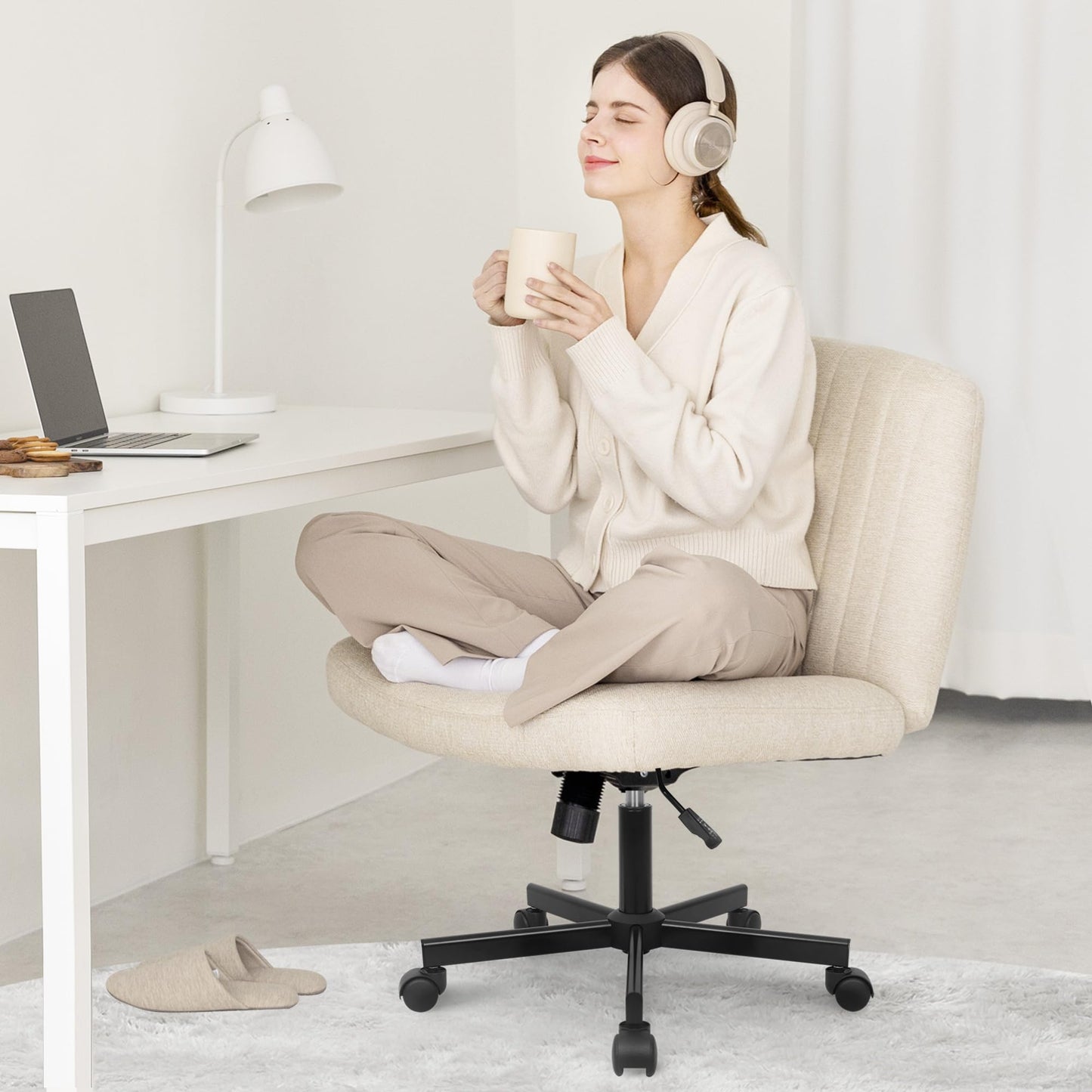Orange Factory Criss Cross Chair with Wheels Comfy Cross Legged Office Desk Armless Wide Vanity Makeup Chair Adjustable Rolling Computer for Home Office Fabric (Beige)