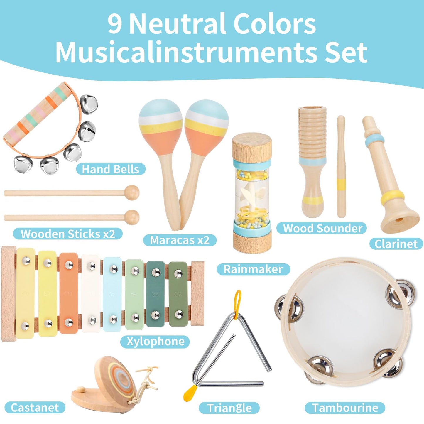 ZJEFUNS Baby Musical Instruments Set Wooden Montessori Toys for Toddlers 1-3 Percussion Instruments Set Modern Boho Music Toys for Kids Preschool Educational.