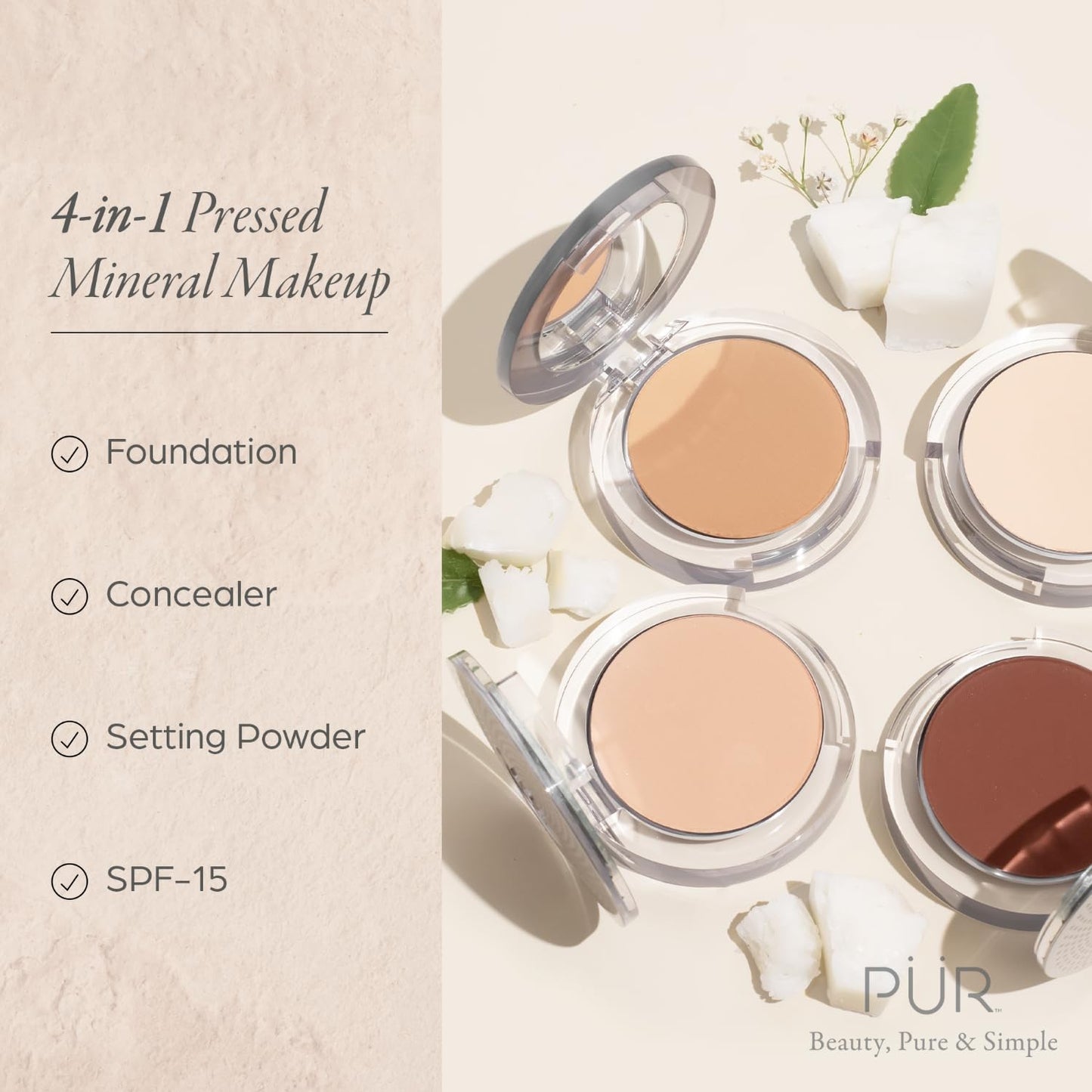 PUR Beauty 4-in-1 Pressed Mineral Makeup Powder Foundation with SPF 15 - Concealer & Finishing Compact Pressed Powder for Face - Buildable Medium to Full Coverage Foundation Powder (Linen)