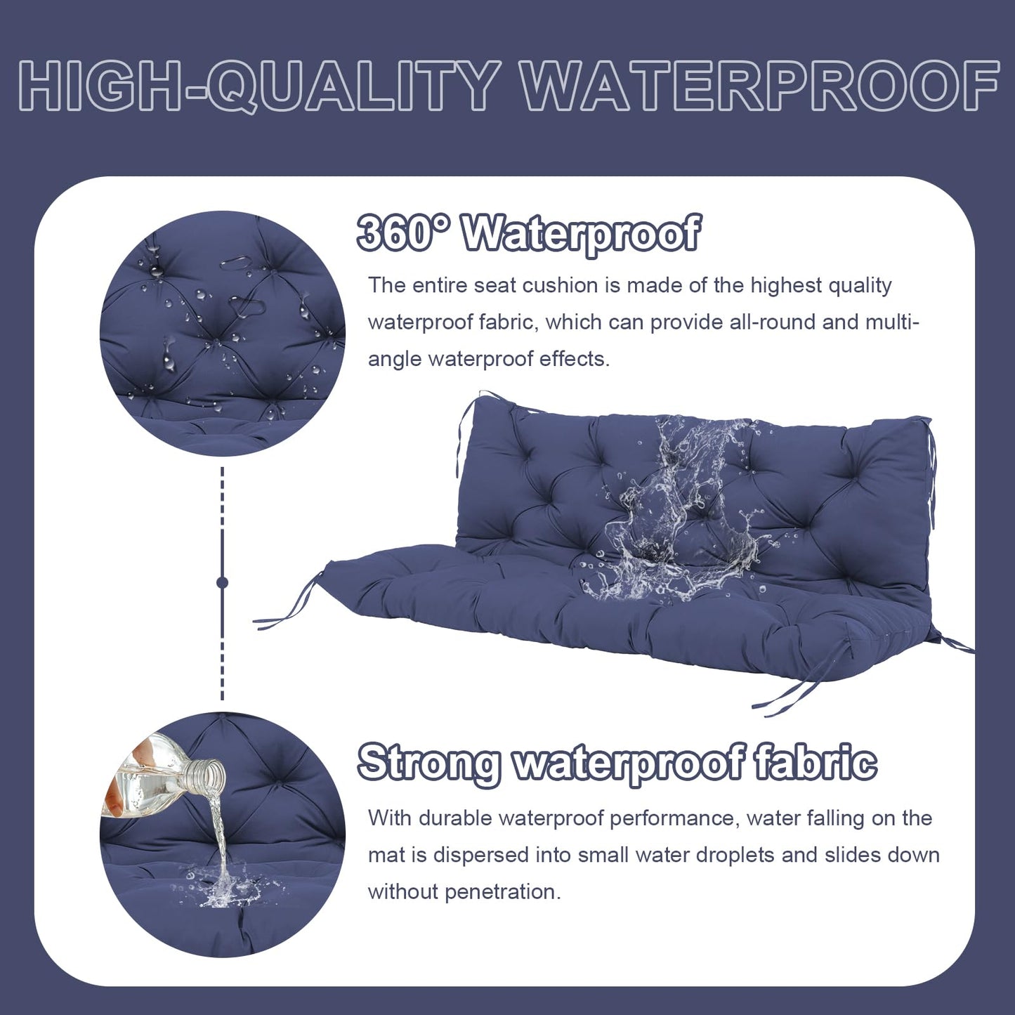 HZMGPCM Extra Thick 5" Waterproof Porch Swing Cushions Outdoor 60 inch Swing Cushions 3 Seater Replacement with Backrest and Ties for Outdoor Furniture Patio Bench Garden(Navy Blue)