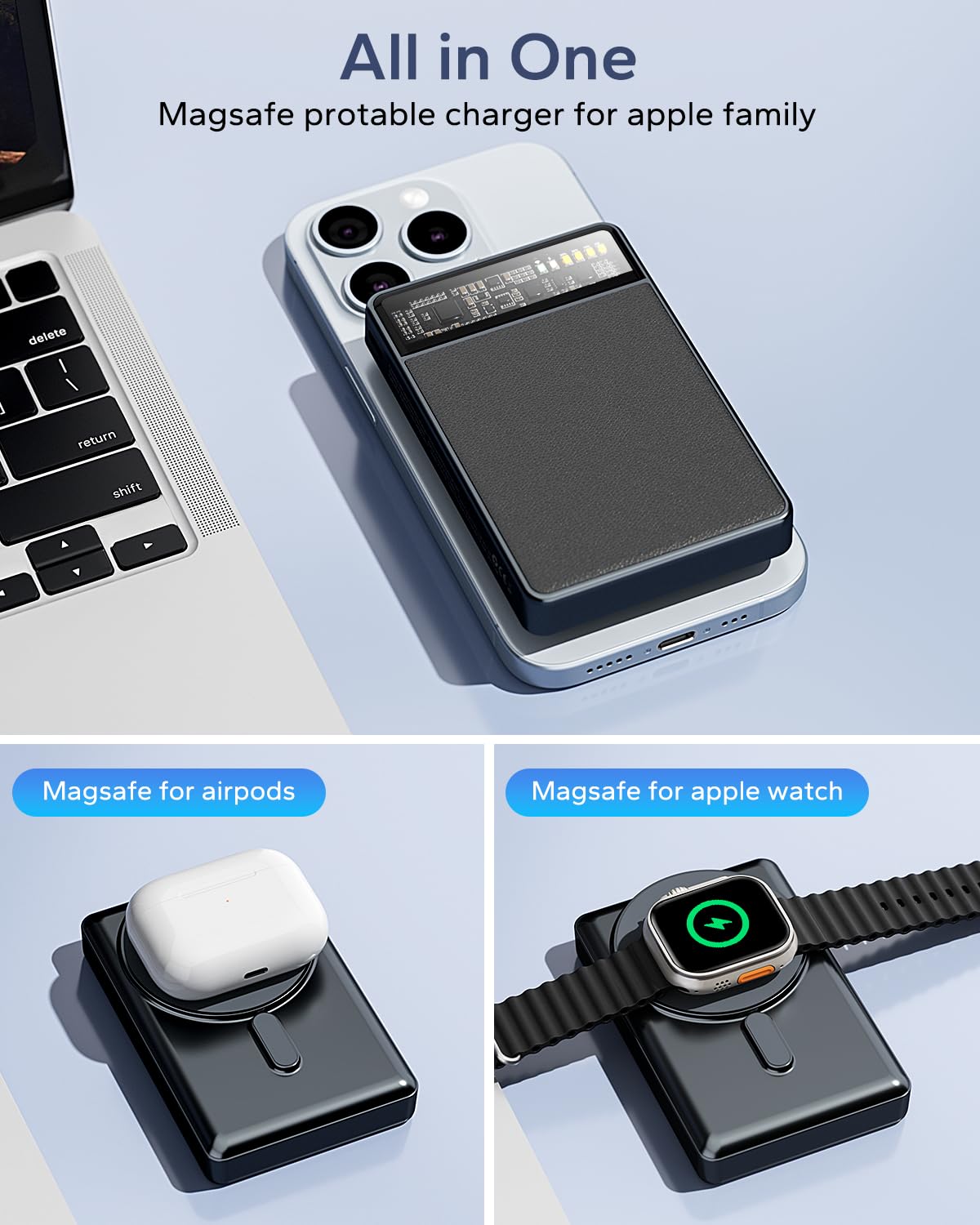 KPON for Magsafe Portable Charger Battery Pack 10000mAh,3-in-1 Magnetic Power Bank with iWatch Charger,Slim Fast Wireless Charging for iPhone 15 Pro Max/14/13/12/11,Apple Watch, Airpods Black