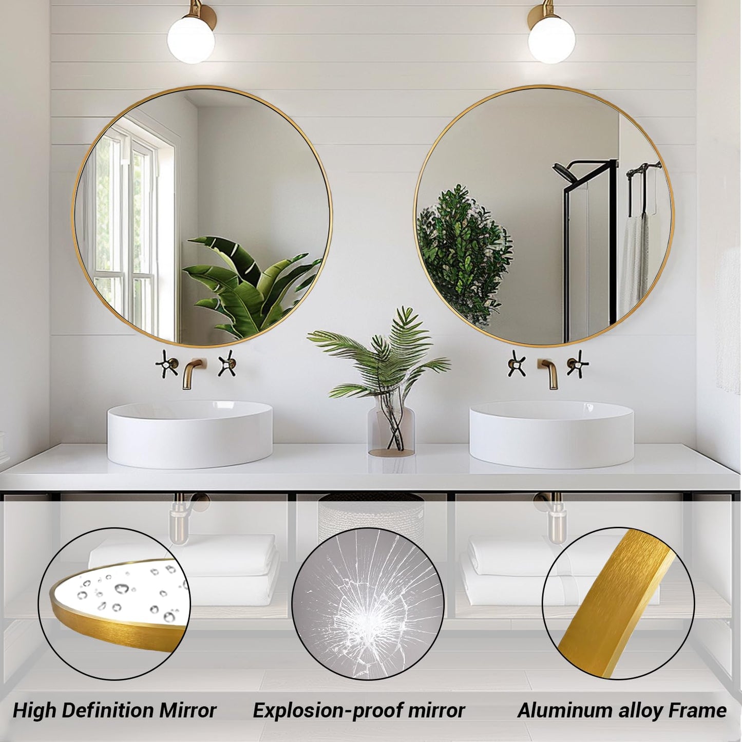Sunniry Gold Round Mirror, 24 inch Circle Mirror, Gold Metal Frame Bathroom Mirrors, Round Wall Mounted Mirrors for Bathroom, Hallway, Living Room, Bedroom.