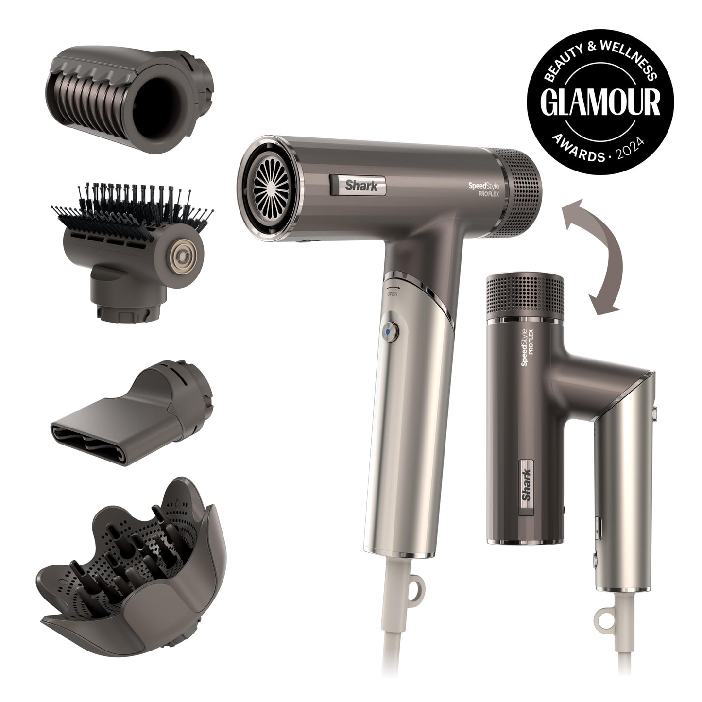 Shark SpeedStyle Pro Flex Professional Performance High-Velocity Hair Dryer System with Scalp Shield & IQ Speed Styling and Drying Suite, Lightweight, Ionic, No Heat Damage, Mocha Silver, HD542
