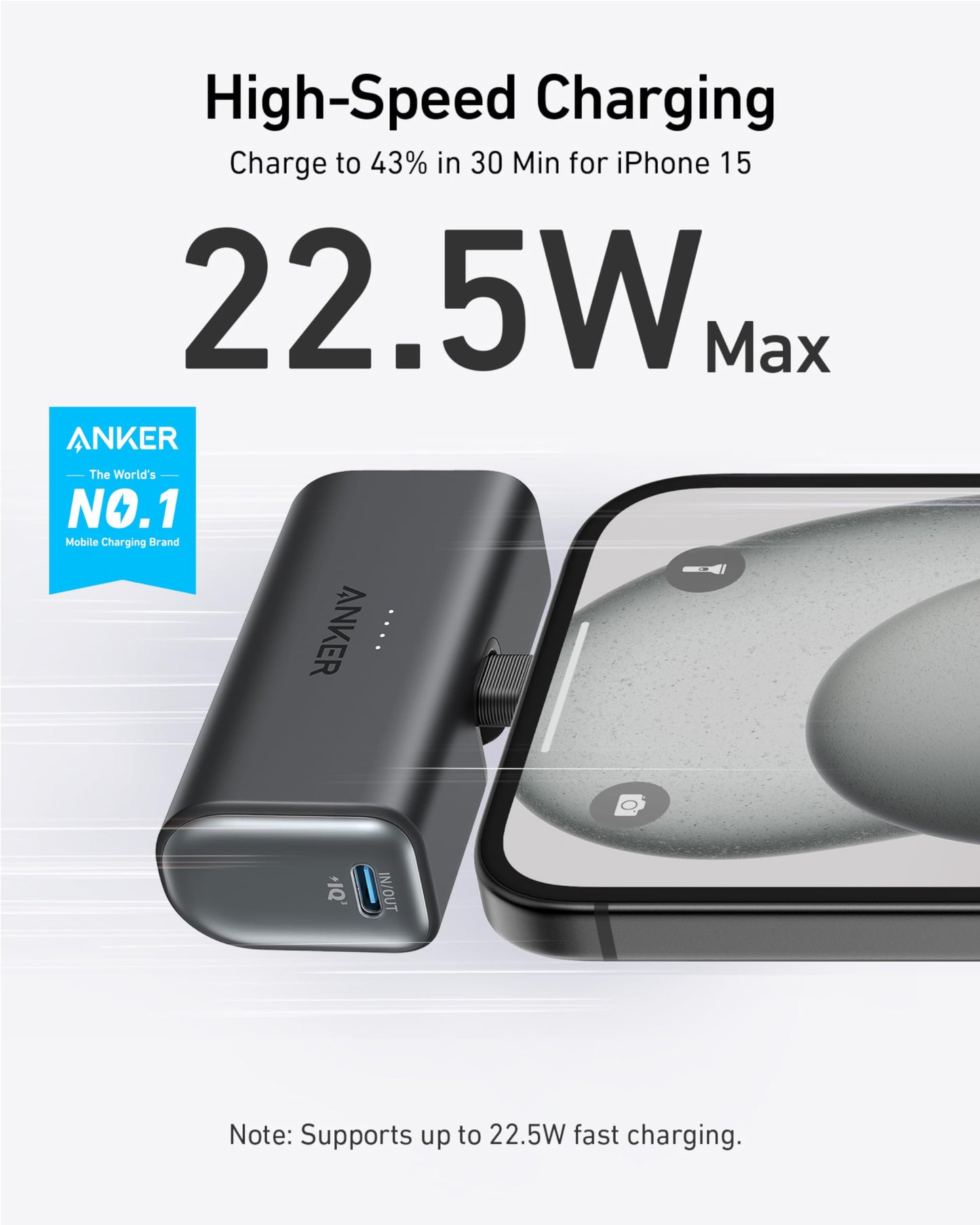 Anker Nano Power Bank with Built-in USB-C Connector, 5,000mAh Portable Charger 22.5W, for iPhone 16/15 Series, Samsung, iPad Pro/Air, and More