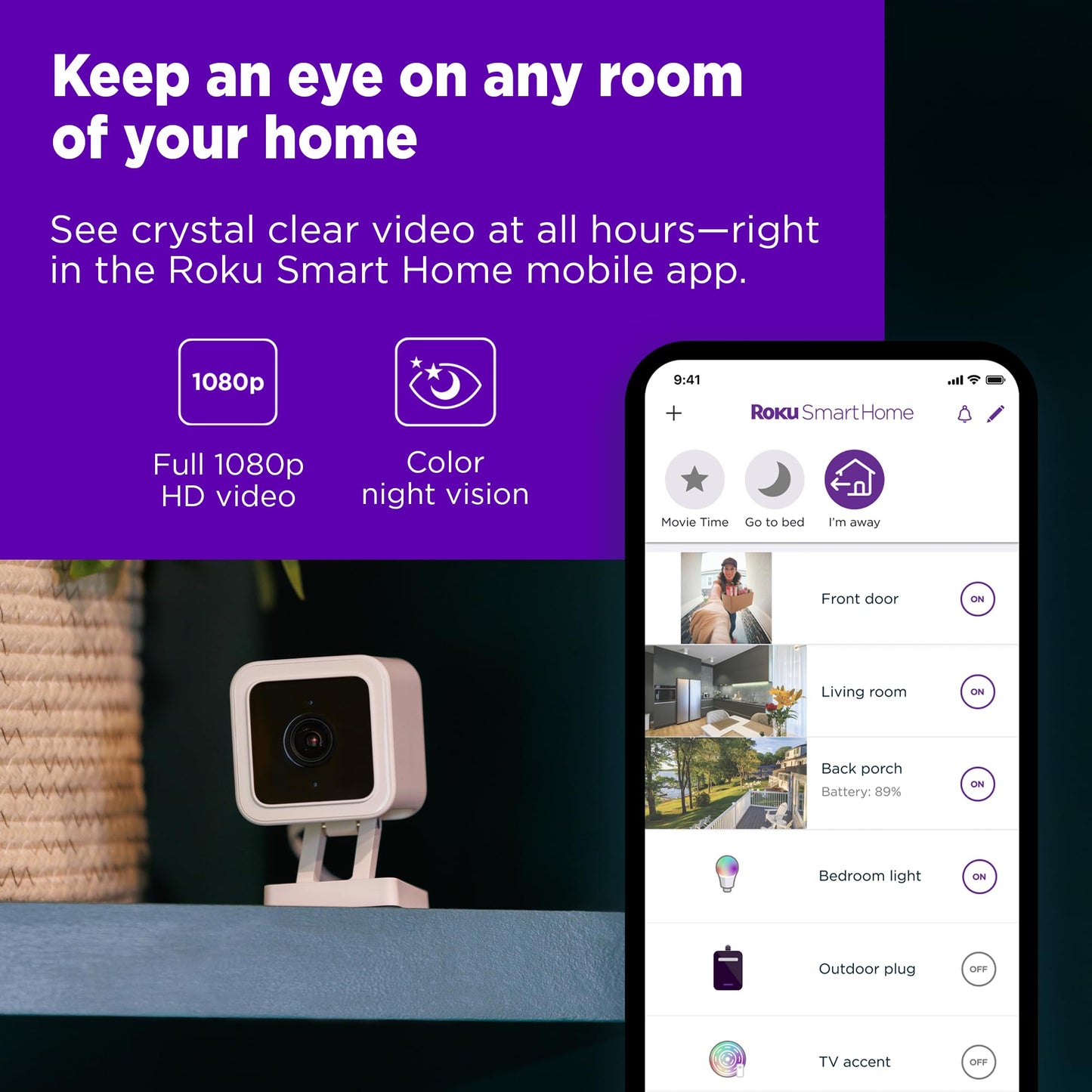 Roku Indoor Camera for Home Security, 2-Pack - Wired Security Camera with 1080p HD Color Night Vision, Works with Alexa & Google, Motion & Sound Detection, Built-in Siren, 90-Day Subscription Included