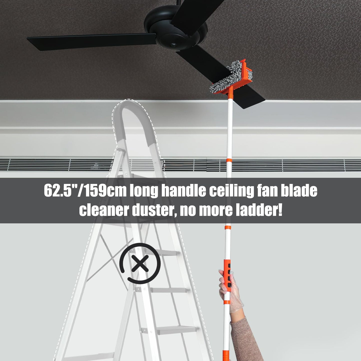 Qaestfy Ceiling Fan Cleaner Duster with 62.5‘’ Extendable Long Handle Ceiling Fan Blade Cleaning Tool, Reusable Chenille & Microfiber Mop Head for Dusting Ceiling Fan Baseboard Wall Floor