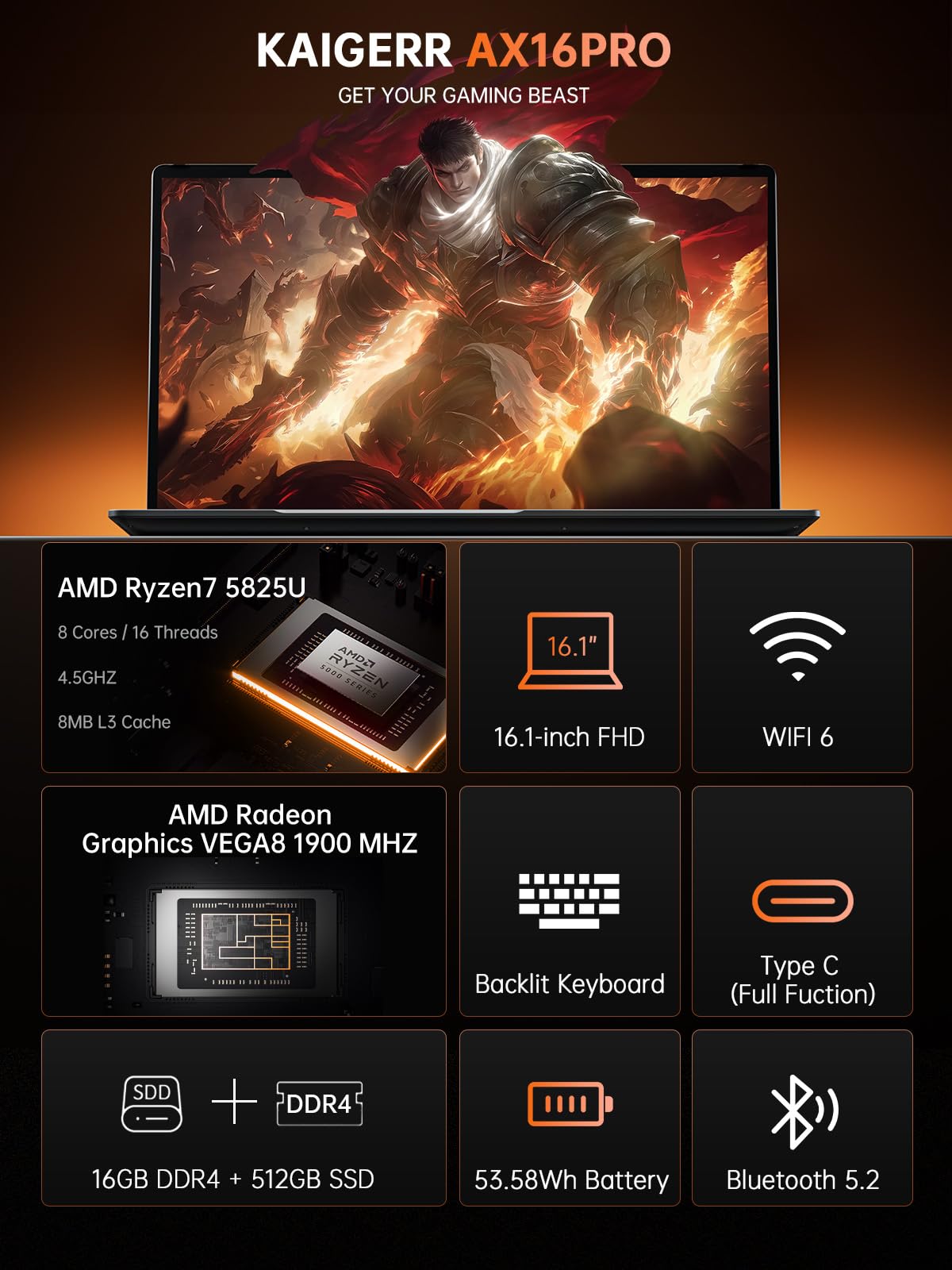 2024 Gaming Laptop, Laptop with AMD Ryzen 7 5825U (8C/16T, Up to 4.5GHz), 16GB RAM 512GB NVMe SSD Laptop Computer, Radeon RX Vega 8 Graphics, 16.1-inch FHD Display, WiFi 6, 53Wh Battery, Backlit KB