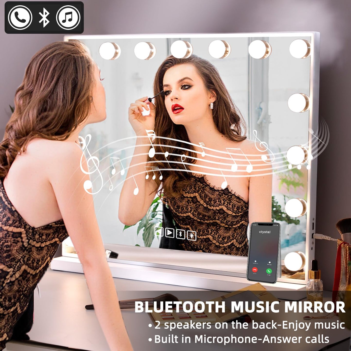 Hansong Vanity Mirror with Lights and Speaker22''x18'' Hollywood Makeup Mirror with 15 LED Bulbs Lighted Vanity Nakeup Mirror 3 Lighting Modes 10X Magnification White